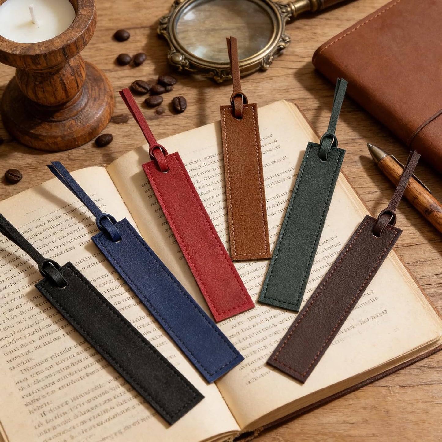 6 Pcs Leather Bookmarks with Tassels, Handmade Stitched Bookmarks - Classic Retro Style Page Markers, Unique Reading Gifts for Book Lovers, Men, Women, Readers, Teachers and Students