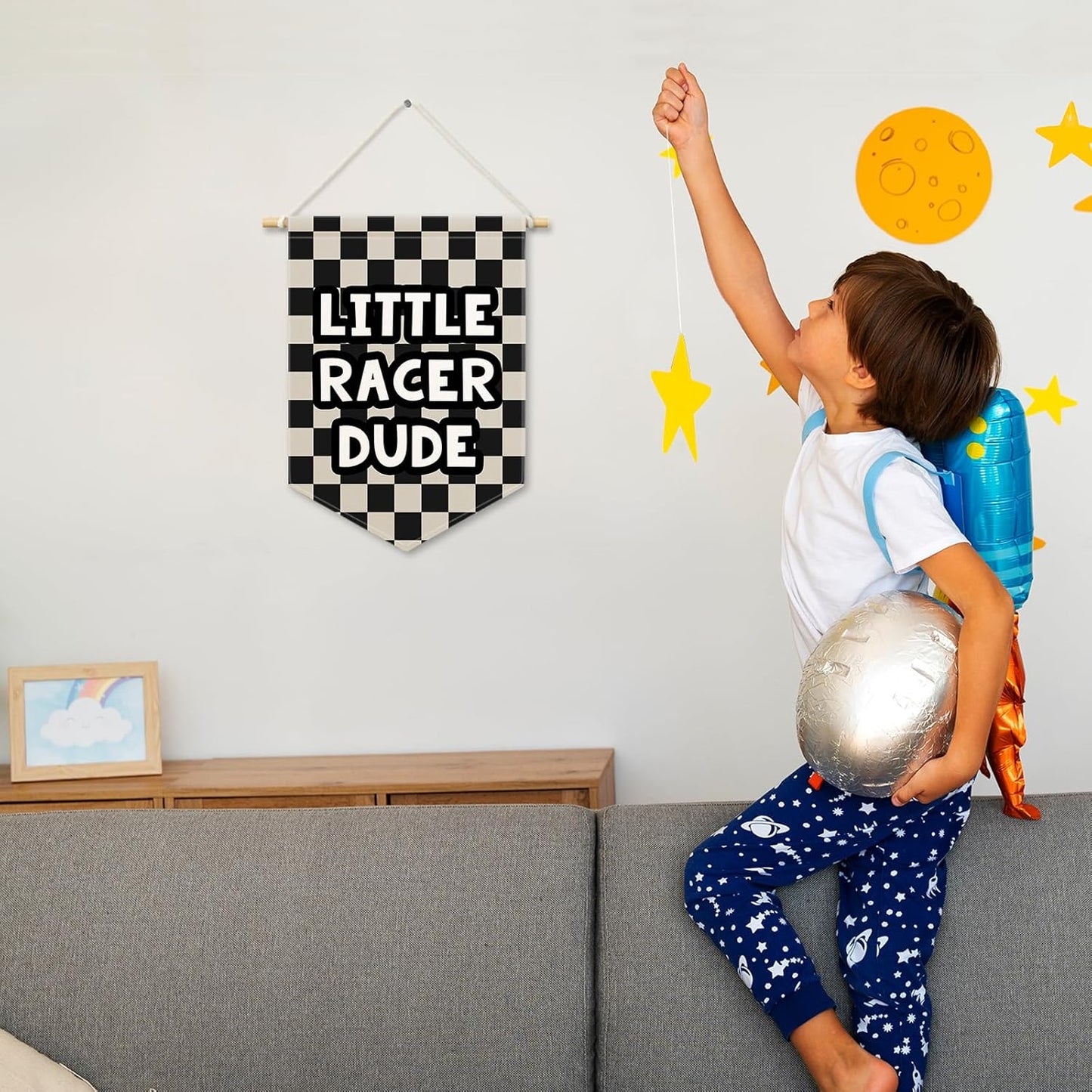 Playroom Boys Kids Room Decor, Black Checkered Little Racer Dude Banner Canvas, Nursery Wall Hanging Frame Decor Art Pennant Flag for Toddler Room Preschool Dorm Little Boy 11x15in