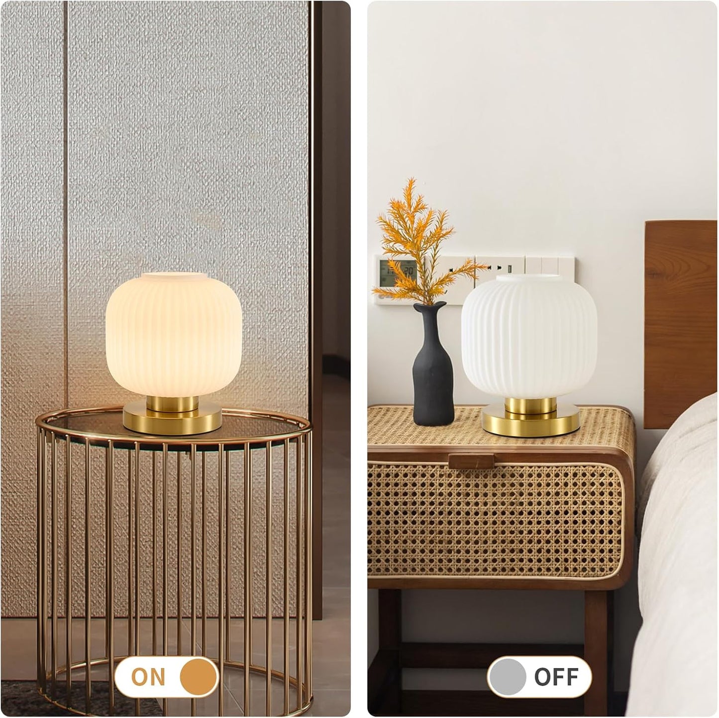 Dimmable Small Glass Table Lamp: Mid Century Modern Nightstand Light with Milk White Shade - Small Decorative Brass Desk Lamp - Ribbed Glass Bedside Tables Lamps for Bedroom Living Room Bulb Excluded