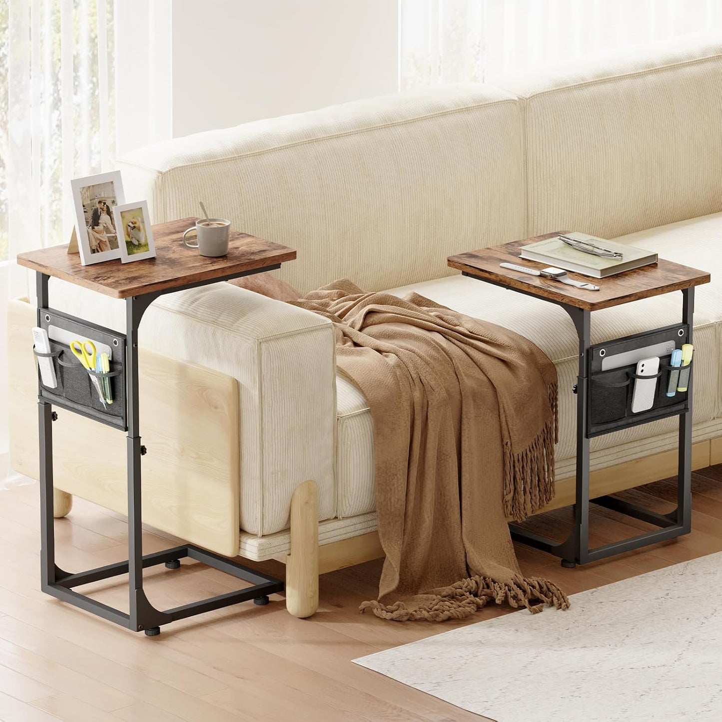 Fixwal C Shaped End Table Adjustable Height Side Table for Couch, TV Tray with Storage Bag Slide Under Sofa Small Tables for Living Room, Bedroom & Office, Rustic Brown