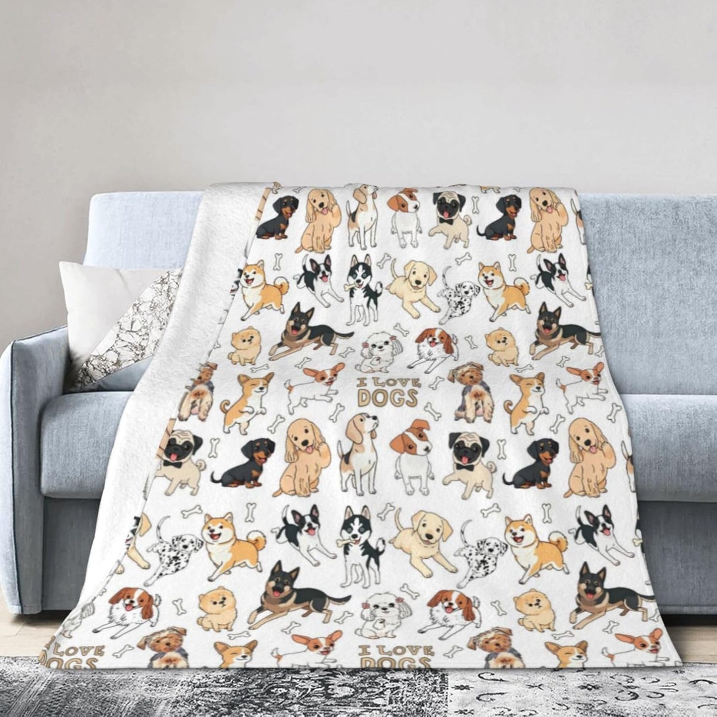Throw Blanket, Soft Flannel Throw Blanket for Couch, Bed, Travel, Living Room & Home Decor, Cozy Lightweight Warm Fluffy Fuzzy Blankets for Adults Women Girls (50×40 Inch, I Love Dogs)