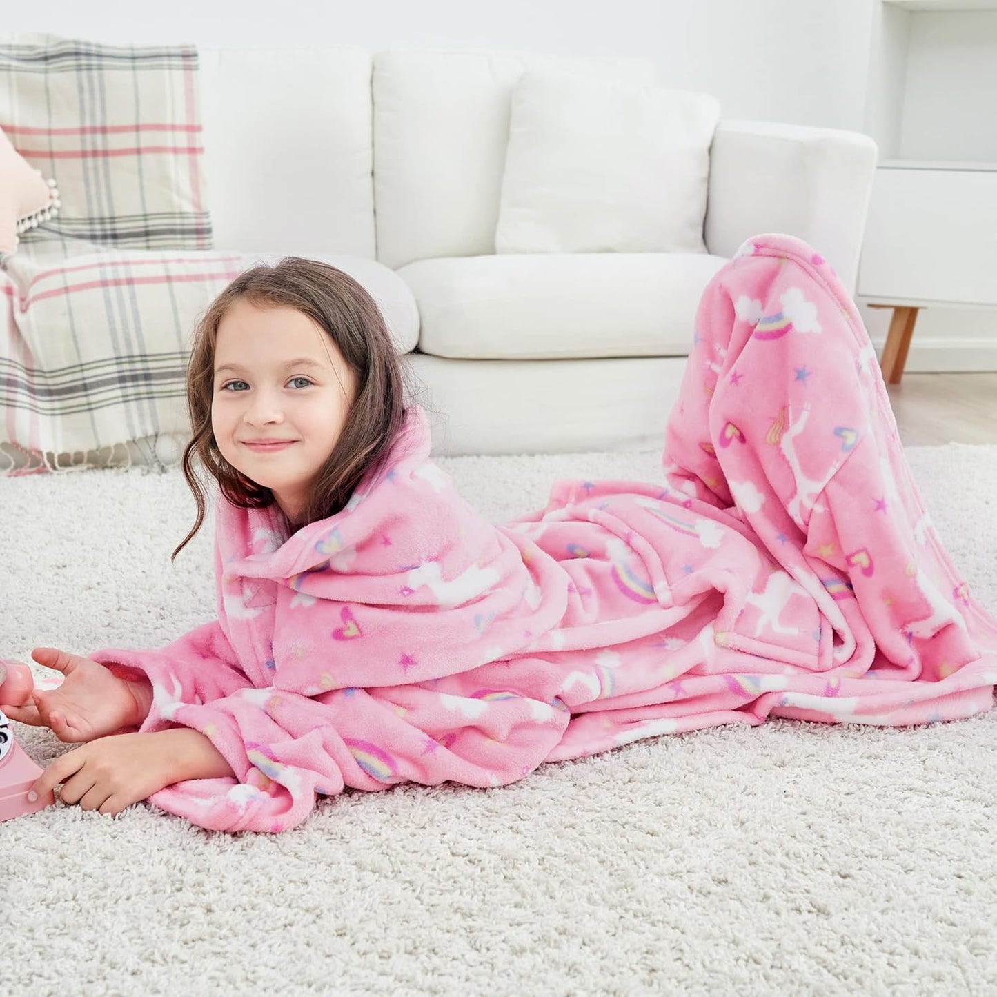 Softan Wearable Fleece Blanket with Sleeves & Foot Pocket for Kids Boys Girls Children,Lightweight Soft Blanket with Sleeves and Hook & Loop 48" x 48" Pink Unicorn