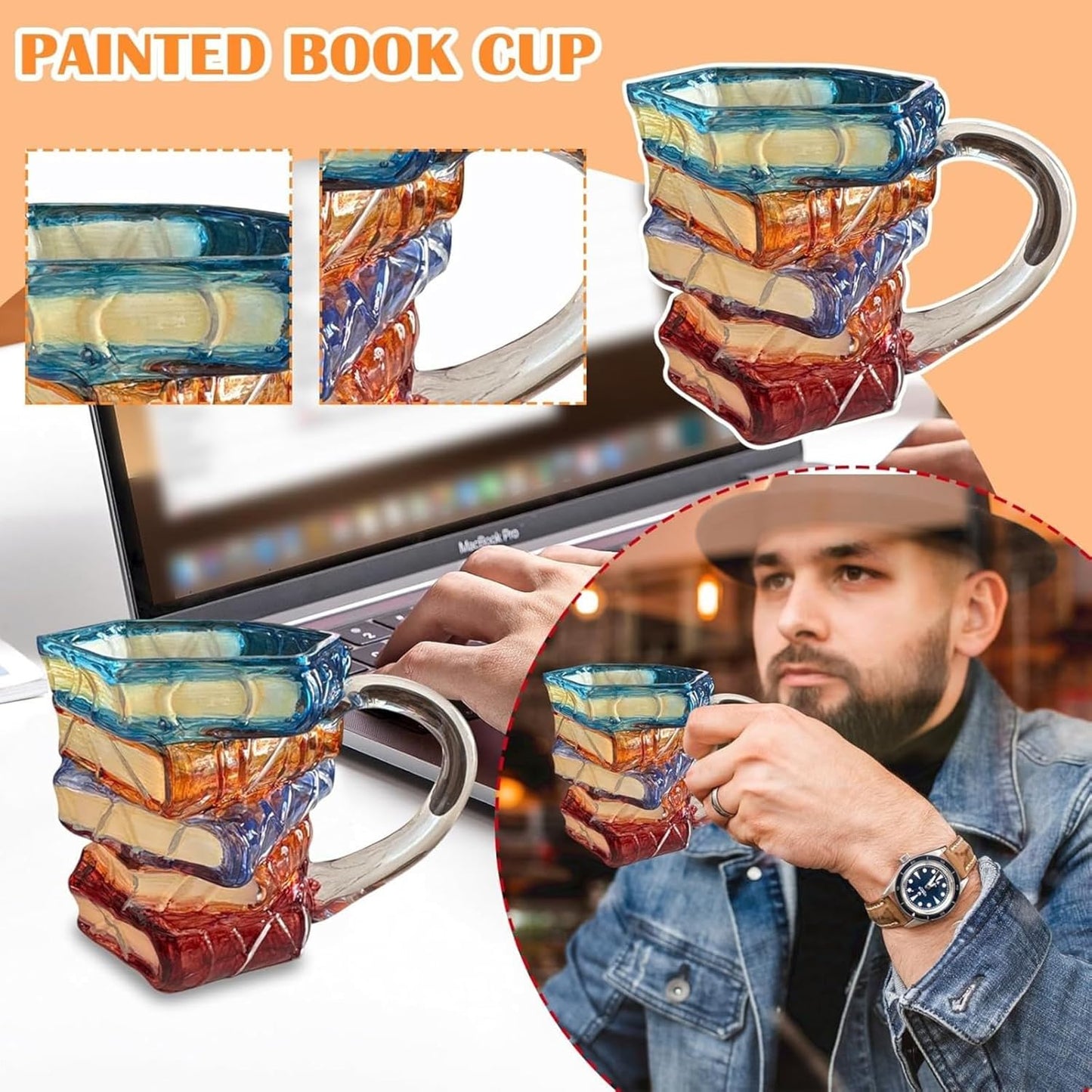 Painted Book Mug for Women Book Lovers - Heat-Resistant Borosilicate Glass Coffee Tumbler with Hand-Painted Design, 11oz Cool Funny Bookish Cup (1+spoon)