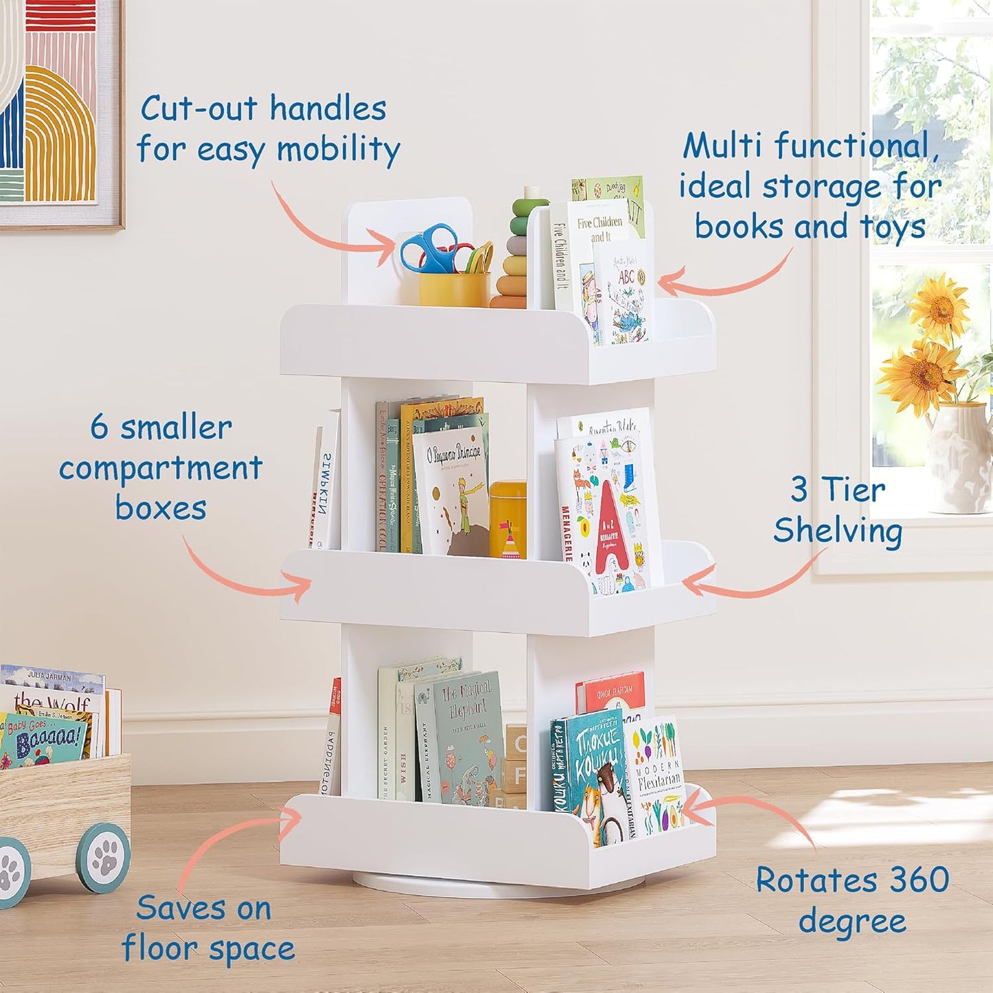Spirich Kids Rotating Bookshelf Tower, Spinning Bookcase Lazy Susan with Book Display, 3 Tier Revolving 360 Book Shelf Storage, Vertical Rotate Turning Corner Organizer, White