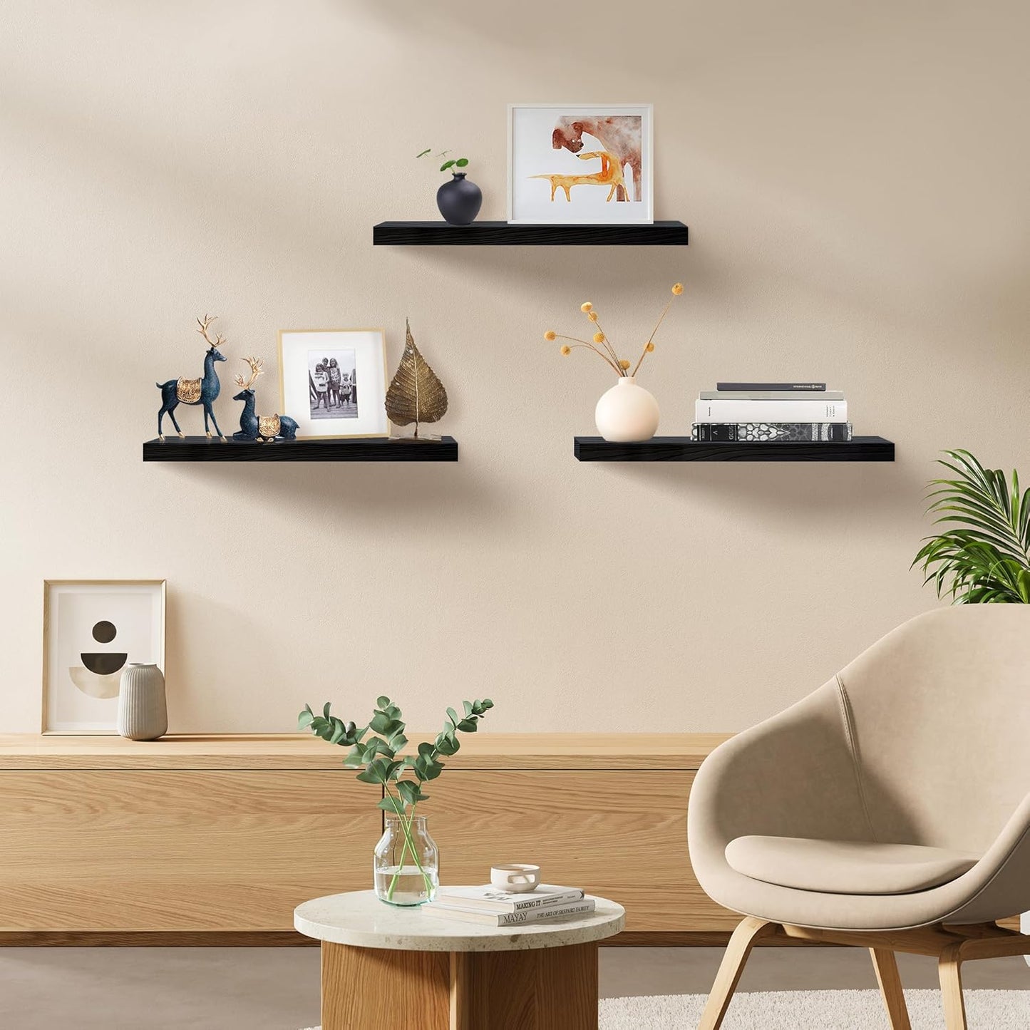 Floating Shelves for Wall Set of 3, 16" Black Wall Shelves for Home Decor, Frame Display Floating Shelf for Living Room, Bedroom, Bathroom, Kitchen