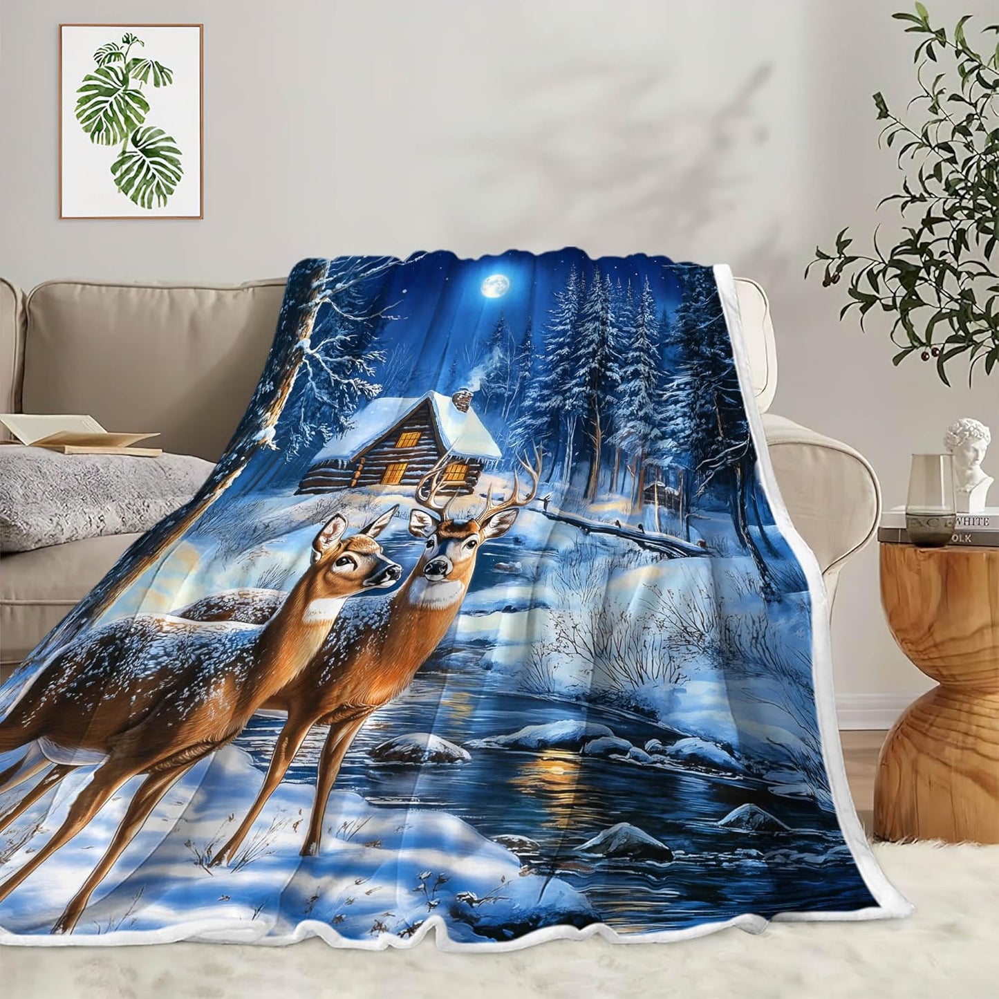 Christmas Throw Blanket, Winter Deer Snow Forest Holiday Theme Blanket for Couch and Bed, Warm Cozy Winter Cabin Throw, Super Soft, 50x60 Inch, Blue