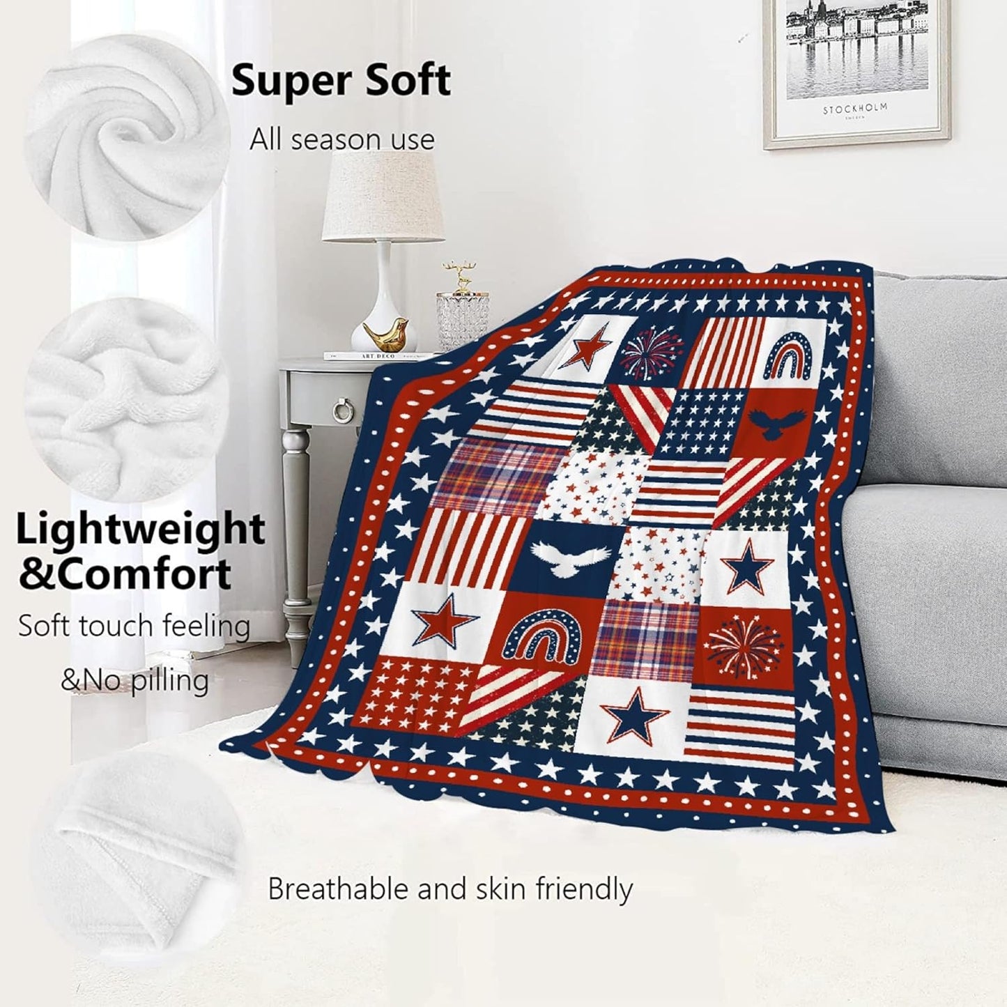 Flag Star Patriotic Blankets Independence Day 4th of July Blanket Gifts, Ultral Soft Blue Red White Lightweight Flannel Blankets Throw for Home Sofa Bed Chair 50"x60" for Teens