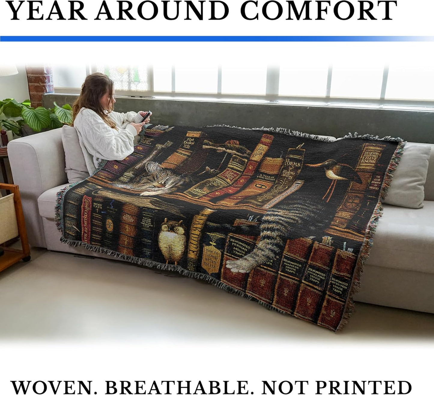 Pure Country Weavers Frederick The Literate Cat Blanket by Charles Wysocki - Gift for Cat Lovers - Tapestry Throw Woven from Cotton - Made in The USA (72x54)