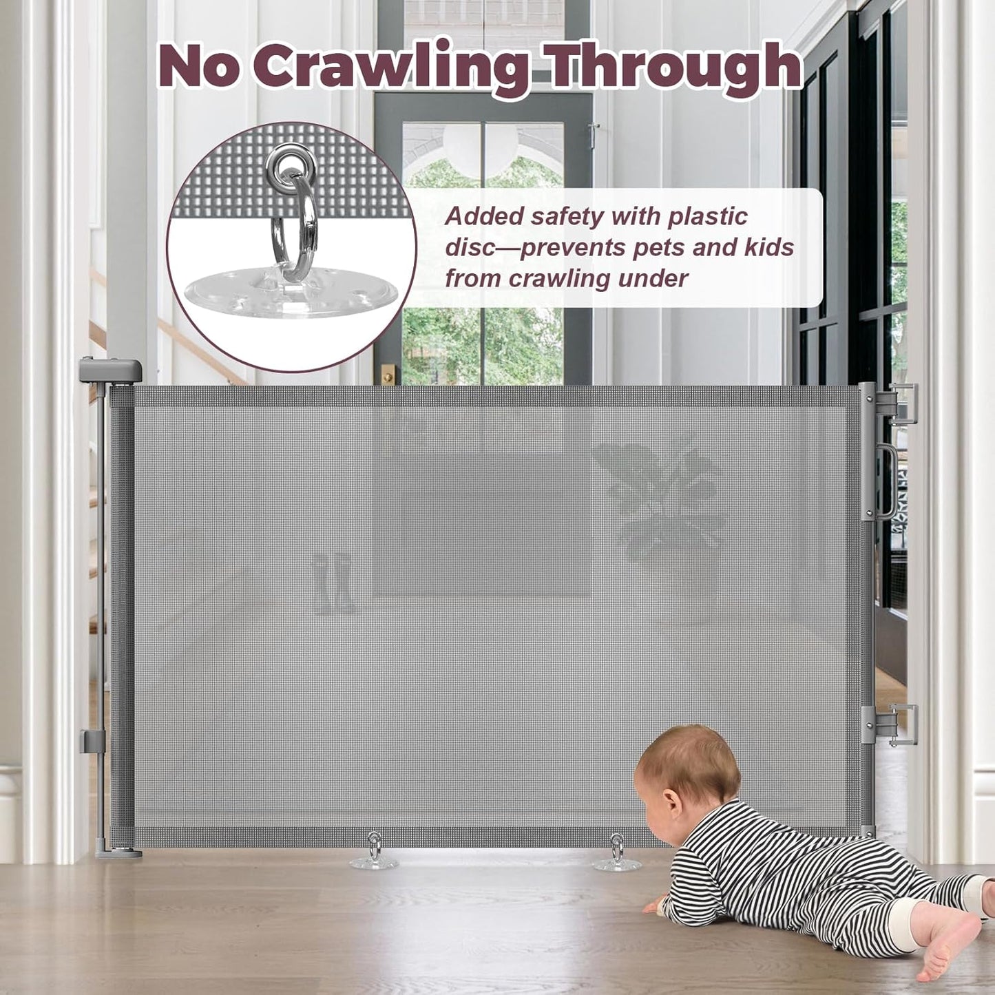 Retractable Baby Gate for Stairs, 55" Wide Mesh Dog Gate Indoor, 34" Tall Child Gate for Doorways, Hallways, Deck, Indoor Outdoor Pet Baby Safety Essentials for Home, Grey