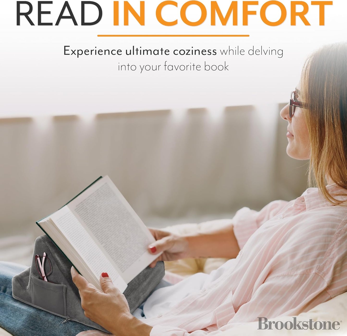 Brookstone Tablet Lap Cushion - Tablet and Phone Holder for Bed, Flights, and Travel, Two Angled Memory Foam Lap Desk for Reading and Hands Free Viewing, Compatible iPad and Kindle Accessories, Grey