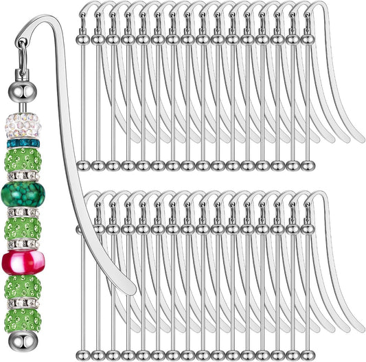 24 Pcs Beadable Bookmarks, DIY Silver Blank Bar Bookmarks for Beads Craft Metal Pendant Charm Gifts for Teachers, Students, Book Lovers, Office Supplies