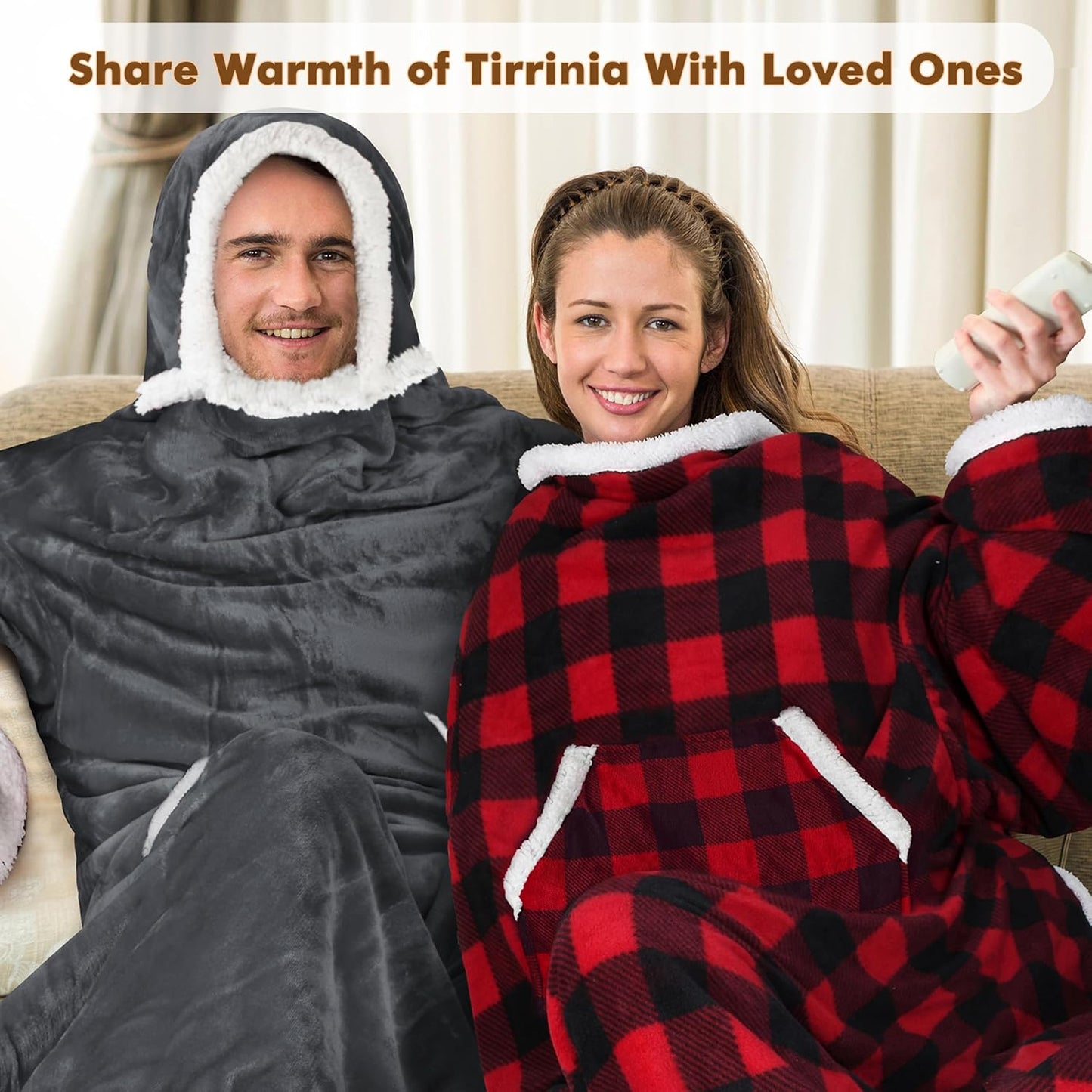 Tirrinia Hooded Wearable Blanket with Sleeves, Full Body Throw Reading Wrap TV Blankets, Cozy Flannel Blanket Robe, Snuggle Gift for Adult Women Men Mom Grandma