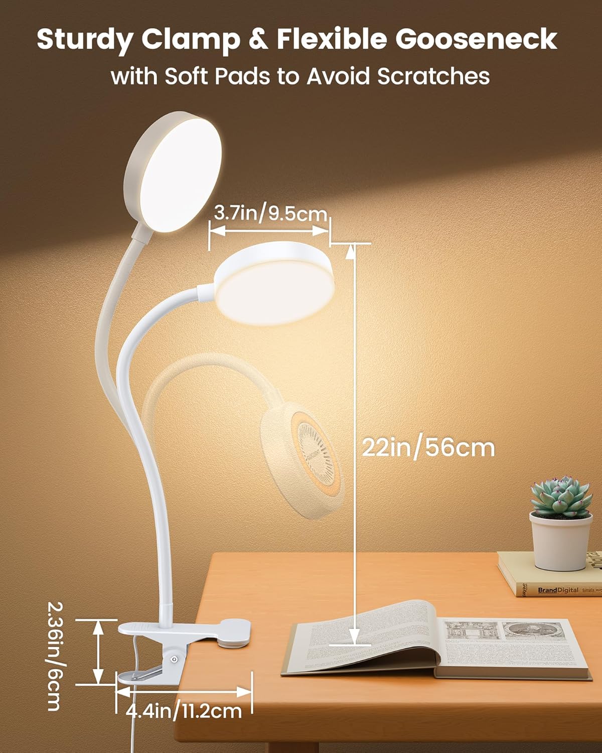 Glocusent Clip on Light, 72 LEDs Clip on Lamp with Amber Night Light, 3 Colors & 5 Brightness Bed Lamp, 30/60-Min Auto Off Timer, Perfect Eye Caring Reading Lamps for Bed/Headboard/Table/Desk