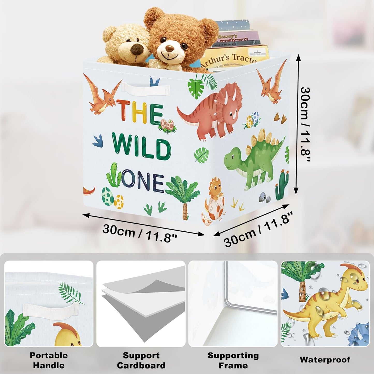 11.8" Boho Dinosaurs Cube Storage Organizer Set 3Pcs Palms Eggs Cube Storage Bin for Bathroom/Bedroom Kid Book Toy Chest, Volcanoes