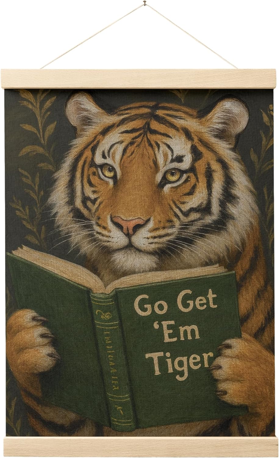 FGFK Vintage Motivational Tiger Reading Wall Art Poster Hanger Frame, Go Get Em Bookish Tiger Funny Animal Canvas Prints Framed Wall Decor for Home Kids Bedroom Room Dorm, 12x16 Inch
