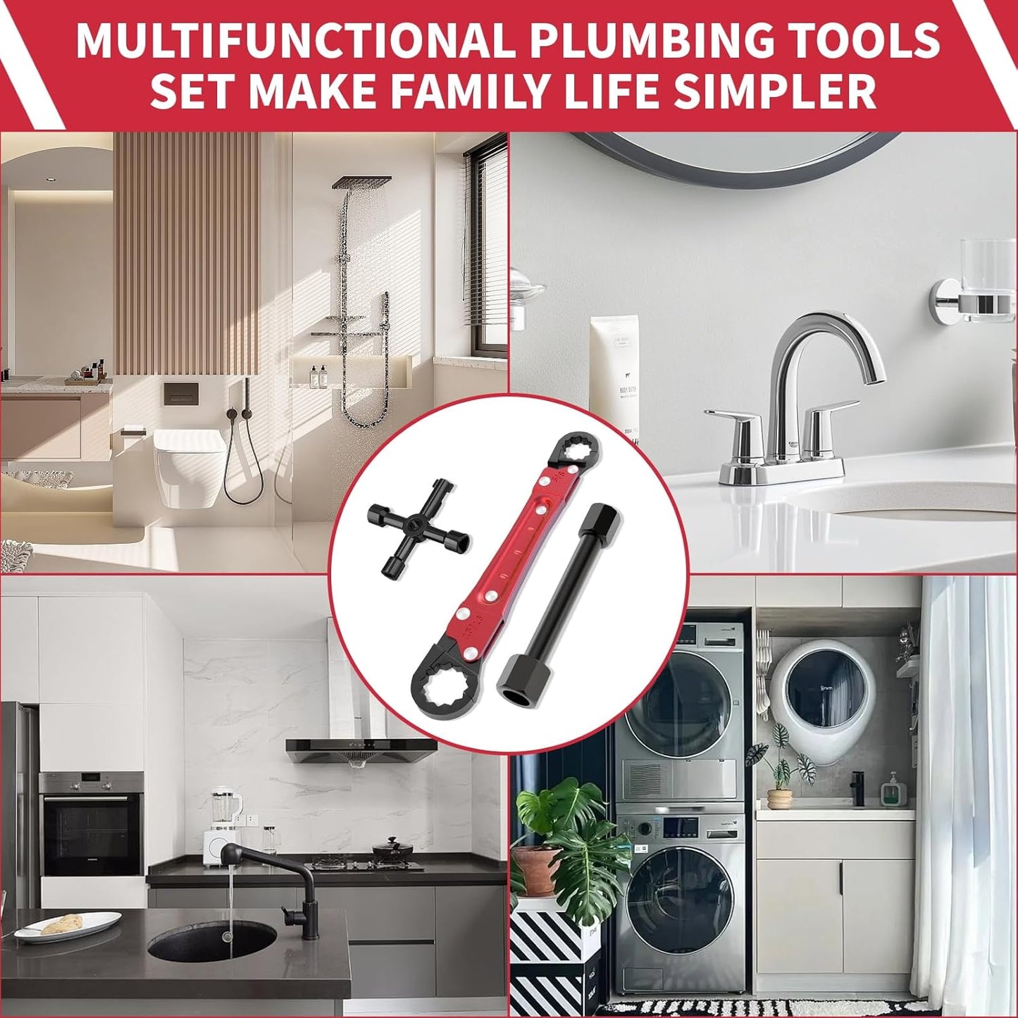 Plumbing Tools - Angle Stop Wrench & Angle-On Kit - Professional Plumbers Wrench for Installing New Compression Angle Stop & Removing Compression Ring - 4-Way Utility Key Included