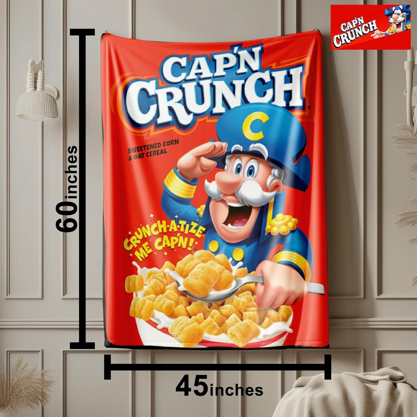 Surreal Entertainment Cap'n Crunch Cereal Blanket | Captain Crunch Blanket | Cap'n Plush Blankets | Captain Cereal Fleece Throw | Retro Throw Blankets | 45 X 60 Inches | Officially Licensed