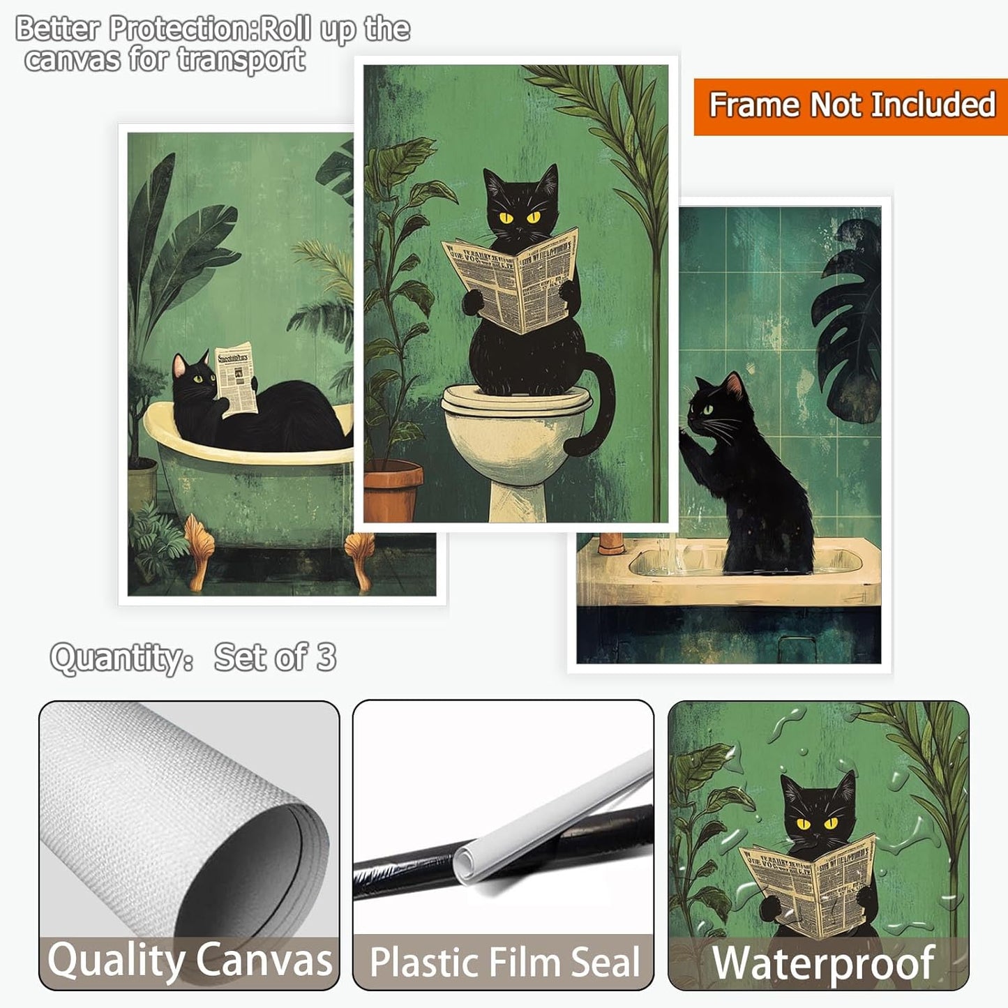 3pcs Funny Black Cat Bathroom Canvas Wall Art Cute Cat Wash Its Paws Reading Newspaper Poster Modern Abstract Green Aesthetic Animal Prints Painting For Bathroom Toilet Wall Decor 8x10in Unframed