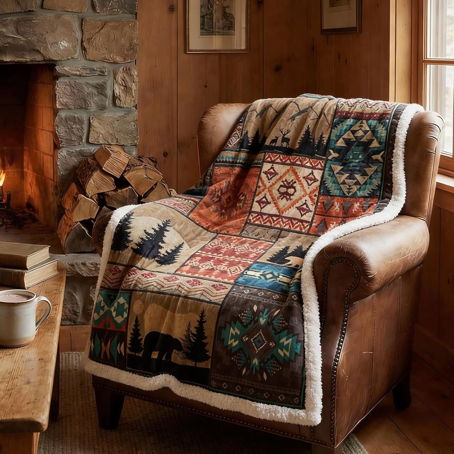 Cabin Flannel Throw Blanket Sherpa Fleece Thick Throws Winter Patchwork Blanket Holiday Soft Warm Gift Cozy Farmhouse Home Decoration for Couch Bed Sofa 50"x 60"