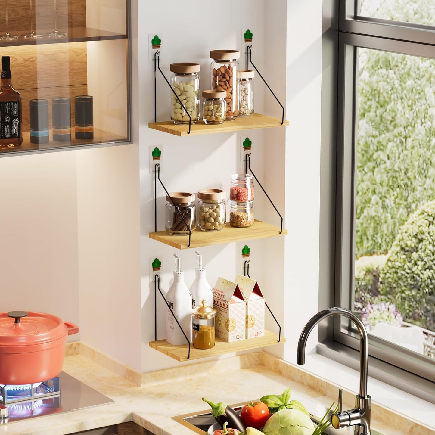 Elevate Your Space with Rustic Wood Floating Shelves Set of 3- Perfect for Bedroom, Living Room, Bathroom, and Kitchen Decor - Easy Installation, No Drilling Needed!