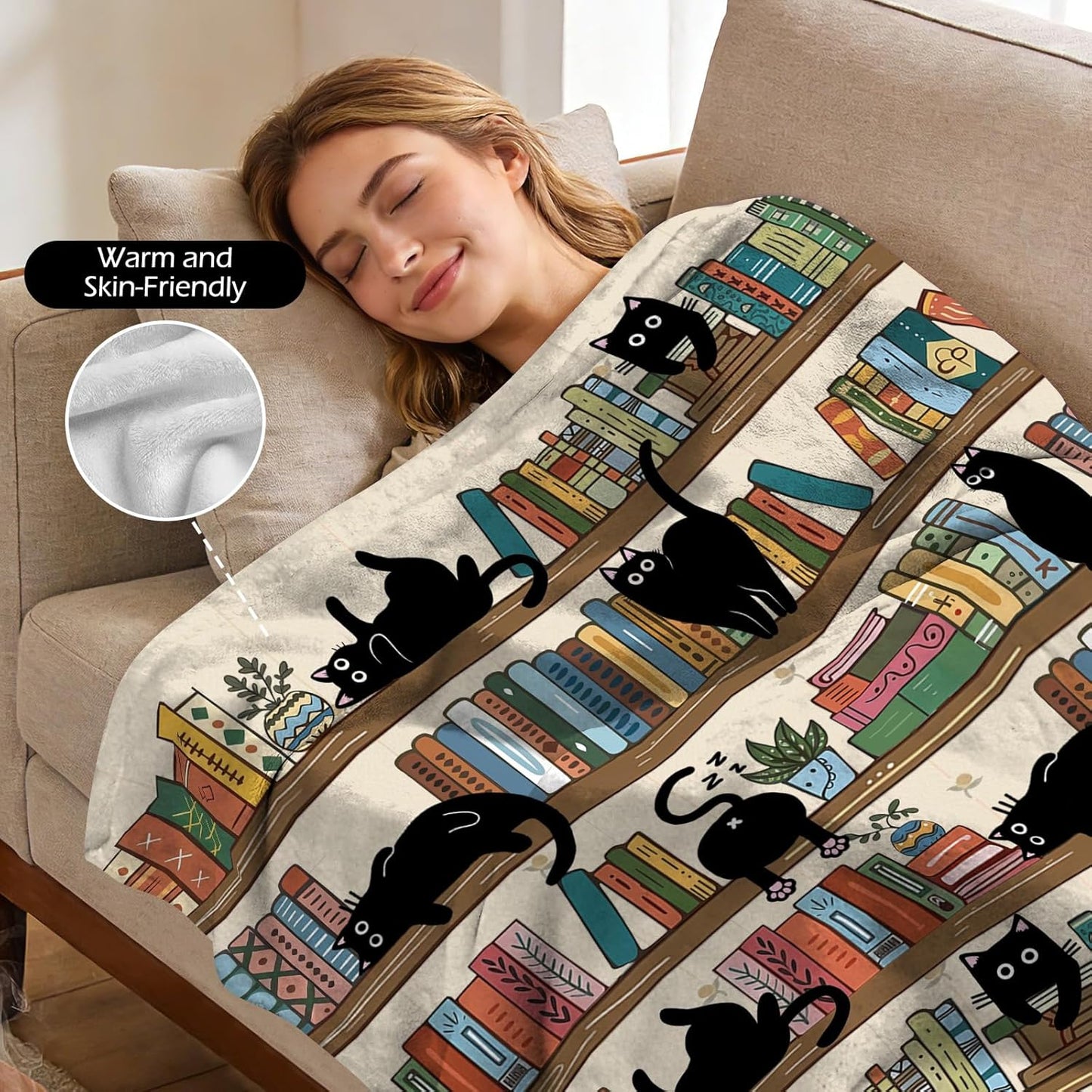 tgruihm Book Lovers Gifts for Readers Blanket, Librarian Gifts Bookshelf Black Cat Stuff Throw Blanket 60"x50", Birthday for Reading Lover Bookish Literary Gifts Blankets Home Decor
