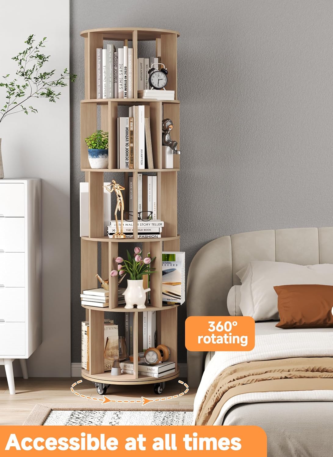 Baoz 5-Tier Rotating Bookshelf Tower, 360° Display Stackable Spinning Bookshelf with Wheels, Floor Standing Corner Revolving Bookcase, Rotating Book Shelf for Kids Rooms, Living Room, Bedroom - Wood