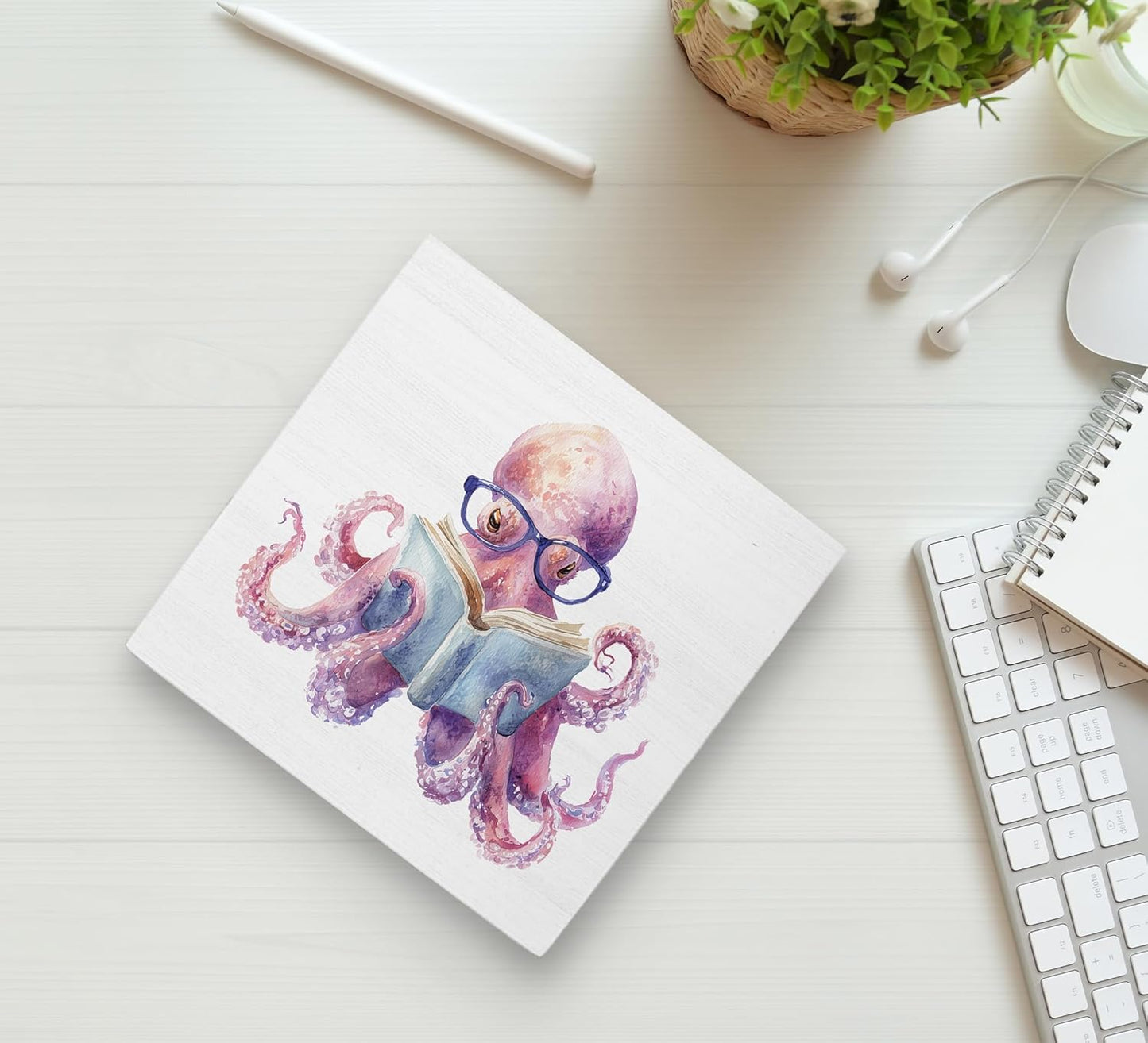 Ku-Dayi Funny Octopus Reading Wooden Box Sign, Book Lovers Gifts Wood Box Decorations for Library Classroom Reading Corner Nook Room, Book Lovers Gifts Wooden Block Plaque Desk Shelf Decor Accents 5x5 Inch