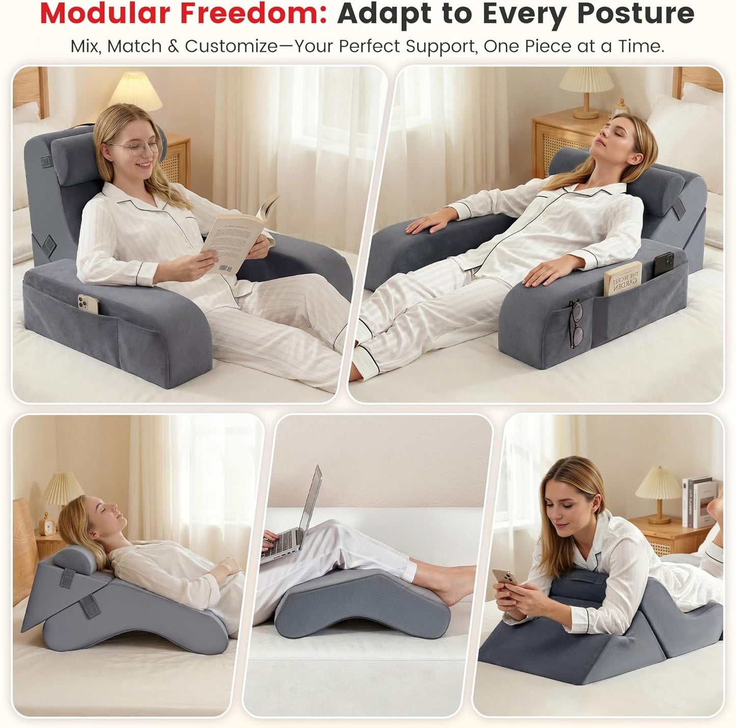 Reading Pillow for Sitting in Bed Adult, 22" Back Pillow for Bed Sitting up with Armrests & Storage Pockets, Ergonomic Wedge Pillow for Watching TV, Gaming, Working, Recovery, 5PCS, Grey