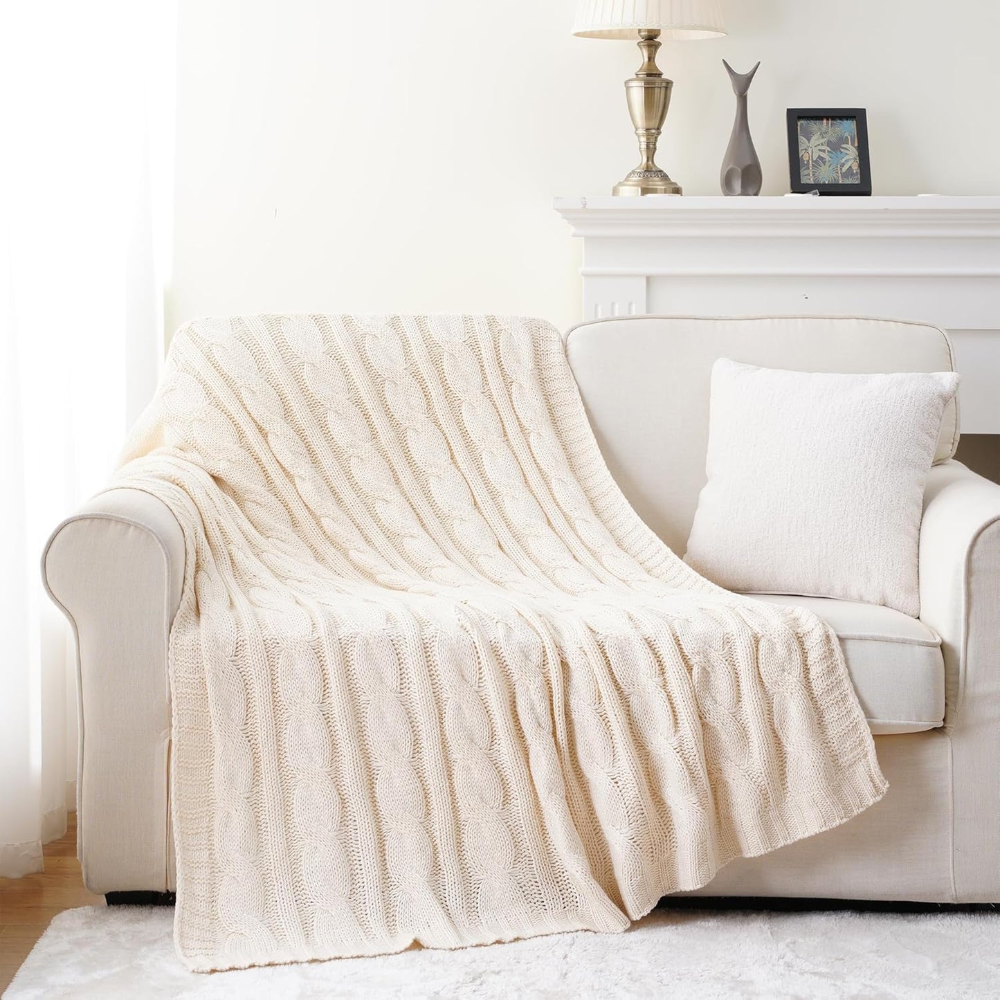 Battilo Cream Ivory Cable Knit Throw Blankets for Couch, Super Soft Warm Cozy Decorative Knitted Throw Blanket for Bed, Sofa, Chair 50"x60"
