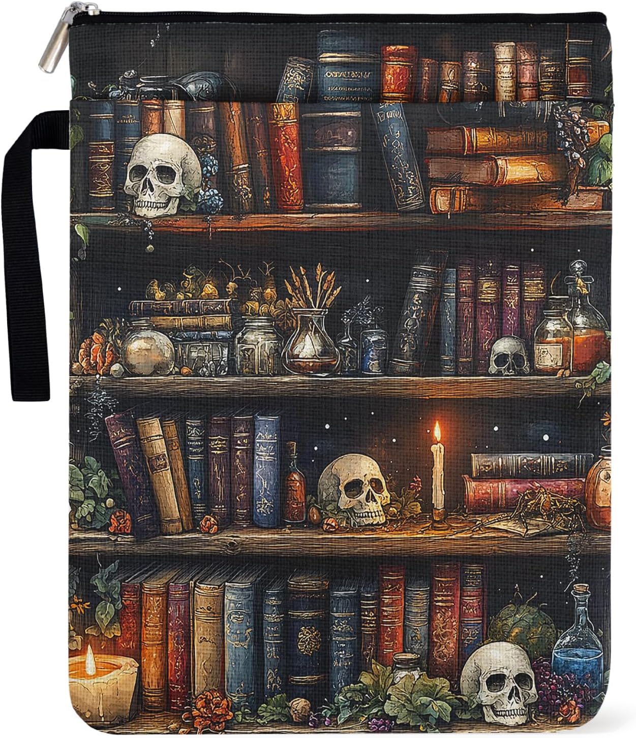 Goth Skull Book Sleeve for Book Lovers, Paperback Sleeve for Librarian Lovers Bookish Group Club Gifts for Women, Book Cover with Zipper and Handle for paperbacks 9 x 12 Inch