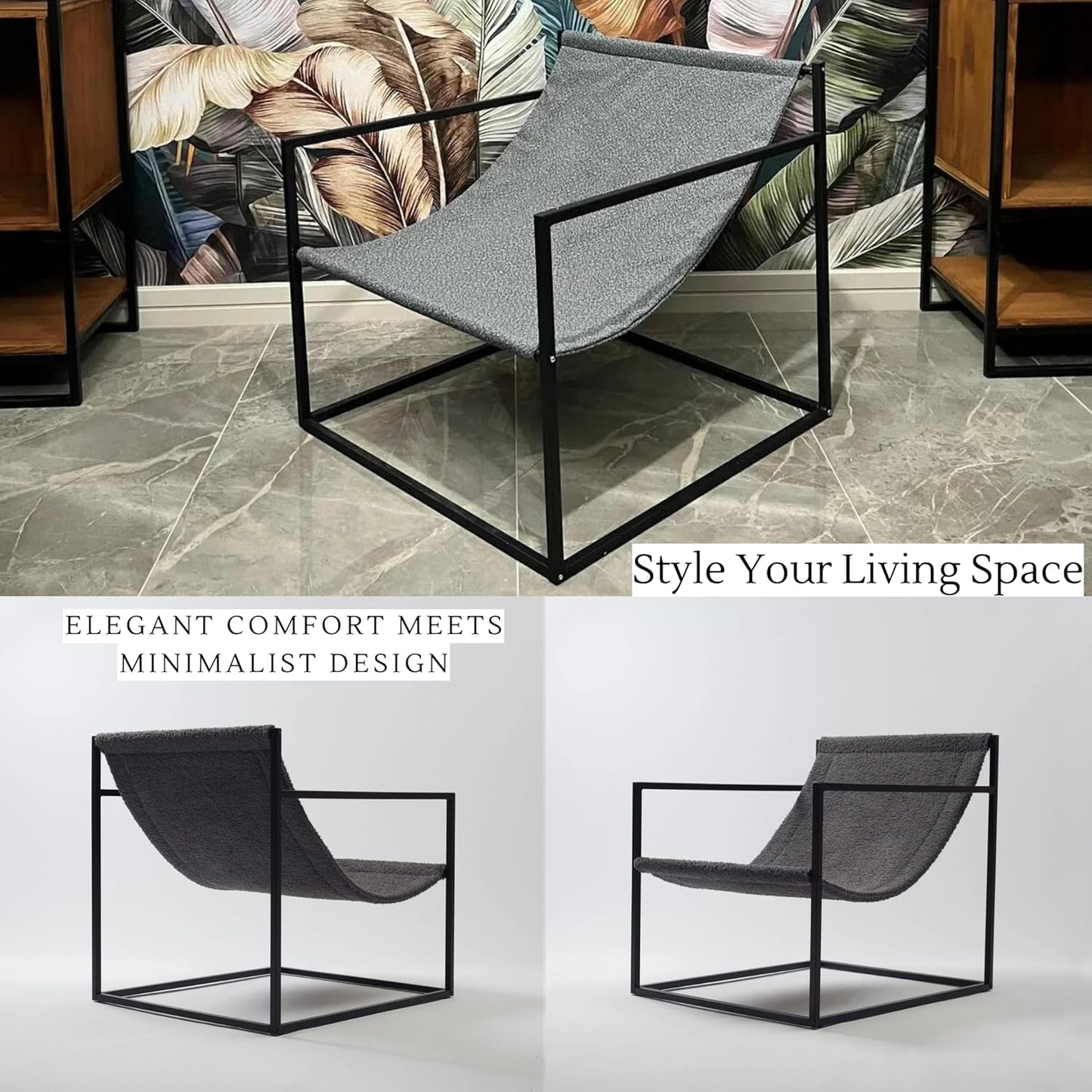 Modern Designer Luxury Boucle Accent Chair with Metal Cube Frame - Minimalist Cozy Lounge Armchair - Relaxing Lazy Hammock Style (Anthracite)