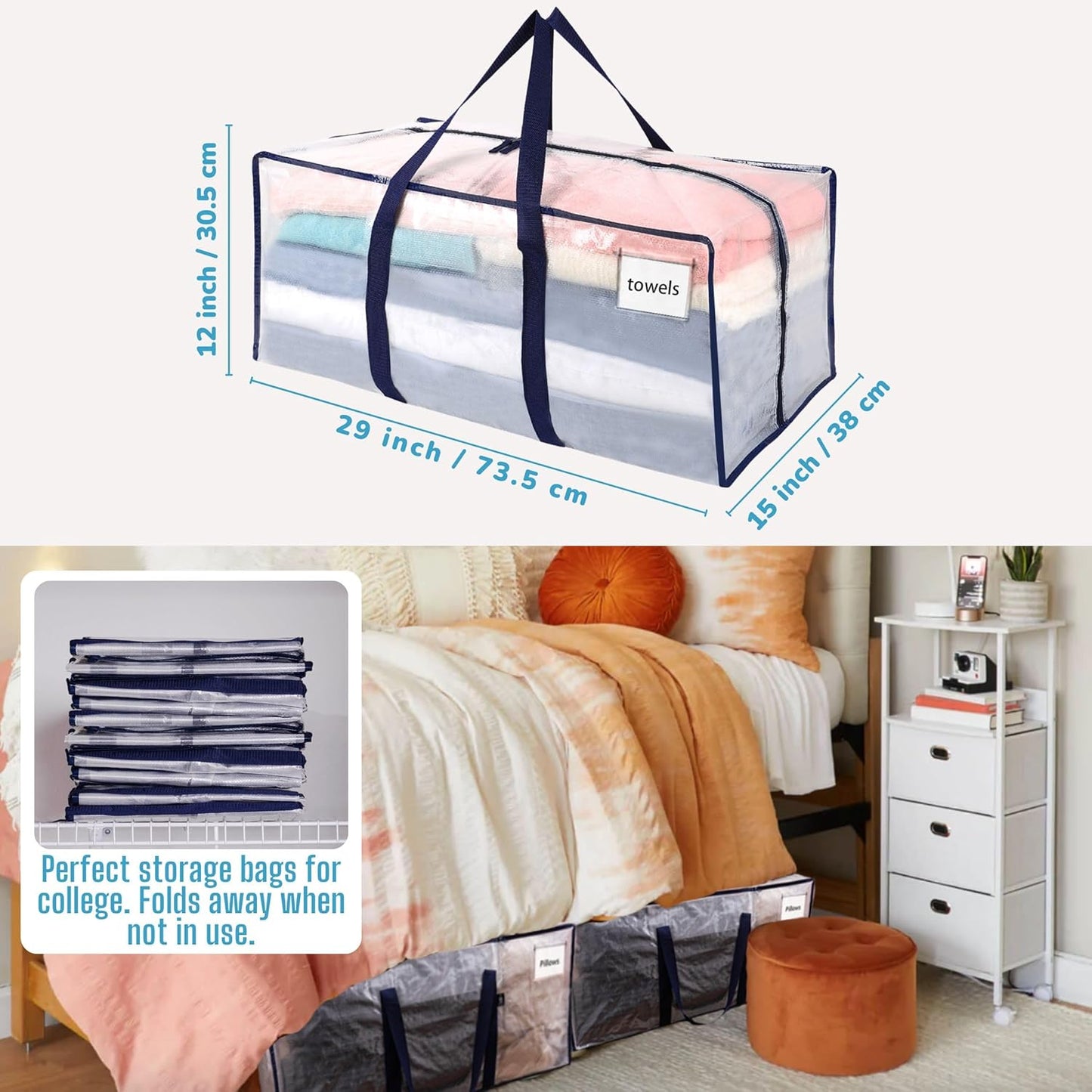 VENO 4 Pack Moving Bags, Christmas Storage Containers, Storage Bins with Lids, Reinforced Wraparound Handles, Packing Bags for Clothes, Bedding, Comforters (Clear, 4 Pack)
