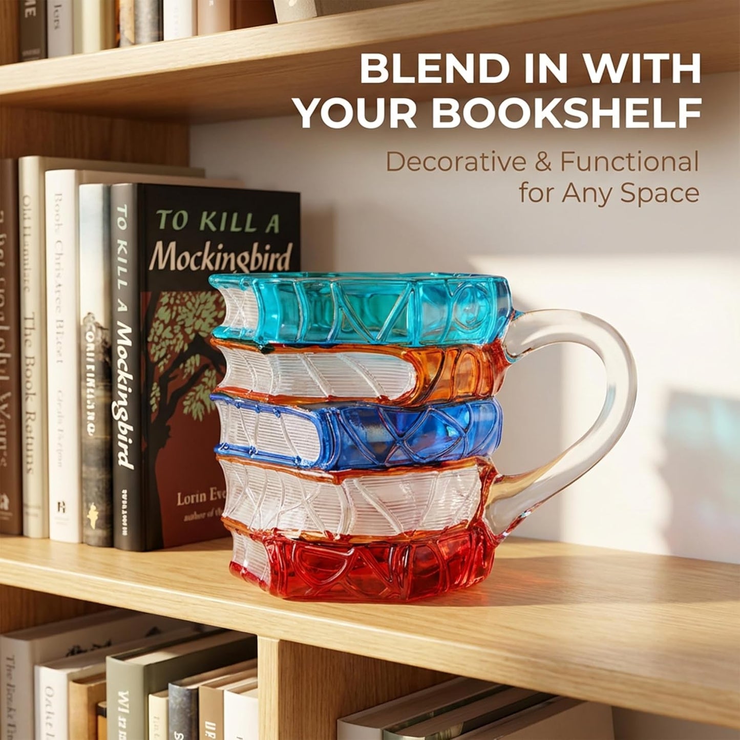 3D Book Mug, Painted Stained Glass Style Coffee Cup, 12oz Glass Library Mugs for Book Lovers, Novelty Reader Gifts with Gold Leaf Spoon, Chapter Cup for Library and Home Office