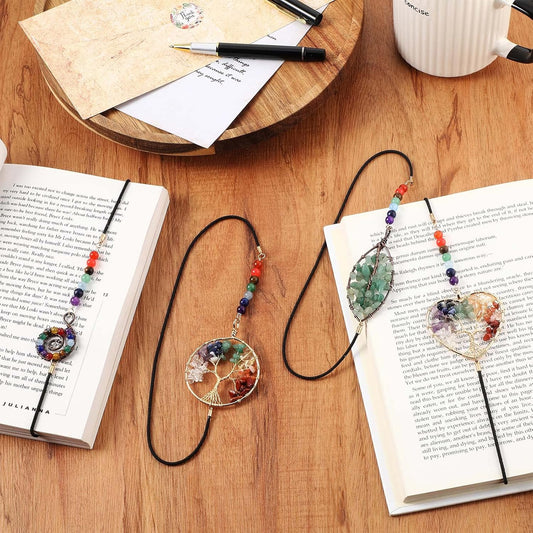 Sabary 4 Pieces Crystal Bookmarks for Book Lovers Tree Elastic Bookmark for Women Handmade Antique Beading 7 Chakra Crystals Tree Shape for Office Teacher Student Reading Birthday Gifts