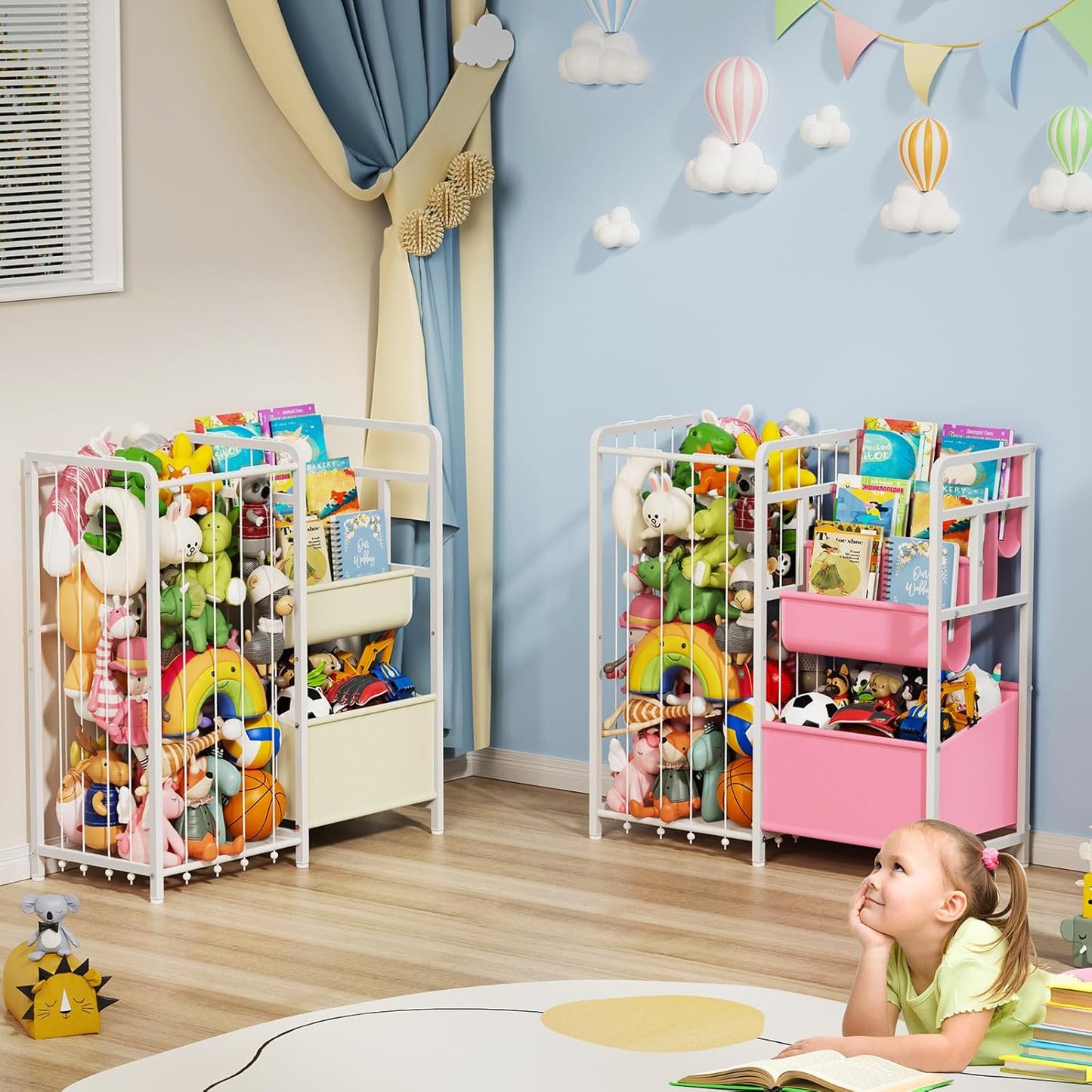 Kids Bookshelf and Toy Storage, 3 Tier Kids Book Shelf for Kid Rooms with Stuffed Animal Storage, Toy Storage Organizer, Stuffed Animals Zoo Storage Cage for Bedroom, Nursery, Playroom