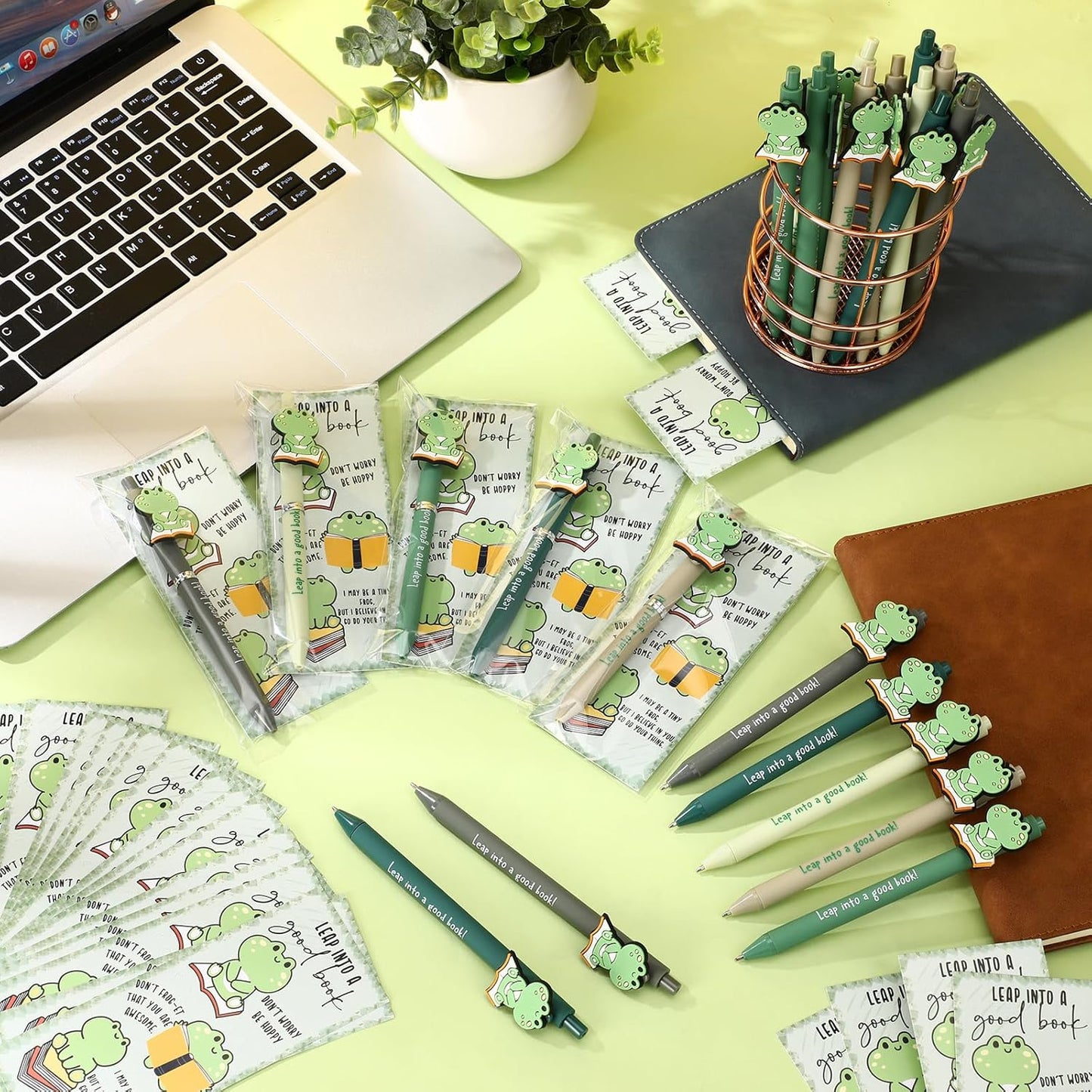 30 Sets Book Lovers Gifts Bulk Frog Pens with Inspirational Bookmarks School Librarian Appreciation Gifts Book Club Reading Party Favors for Women Men Bookish Librarians Teachers