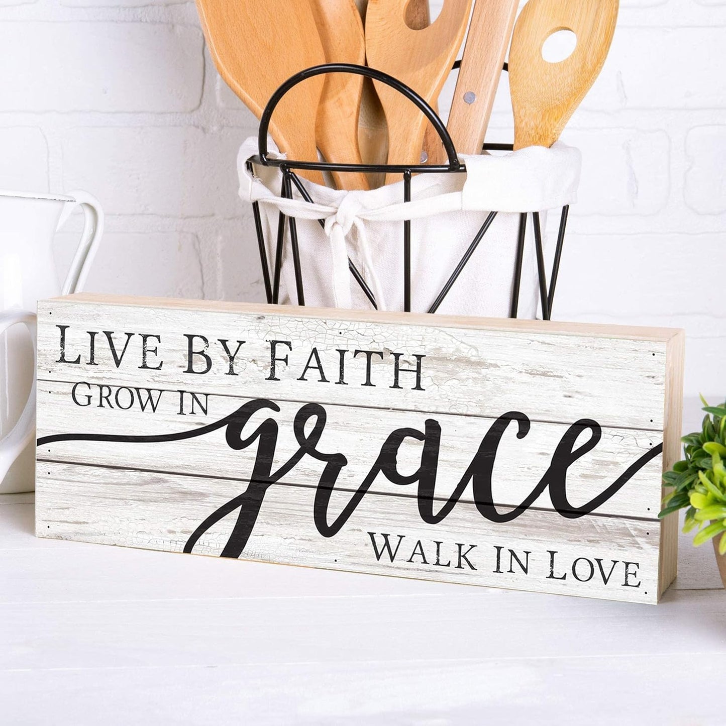 P. Graham Dunn Live by Faith Grace Love Whitewash 12 x 4.5 Solid Wood Boxed Pallet Plaque Sign