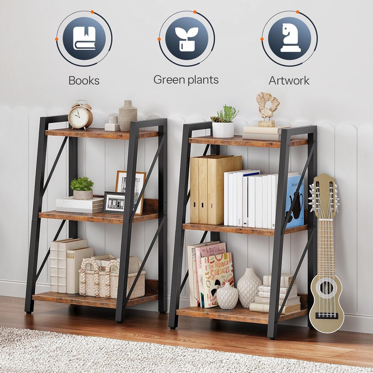 HOOBRO Ladder Shelf, 3-Tier Bookshelf, Corner Bookcase, Small Bookshelf with Metal Frame, for Living Room, Bedroom, Home Office, Kitchen, Rustic Brown and Black BF303CJ01