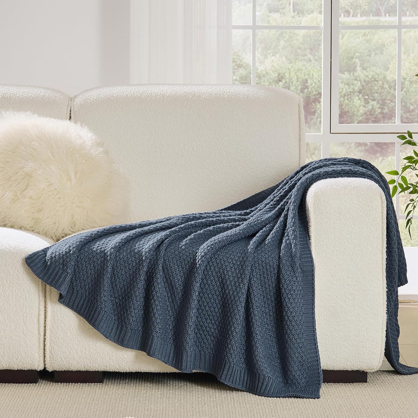 Blue Throw Blanket, Knit Throw Blanket for Couch, Soft Cozy Warm Lightweight Reversible Decorative Moss Stitch Cable Knitted Blankets for Bed, 60x80 Inches, Dusty Blue