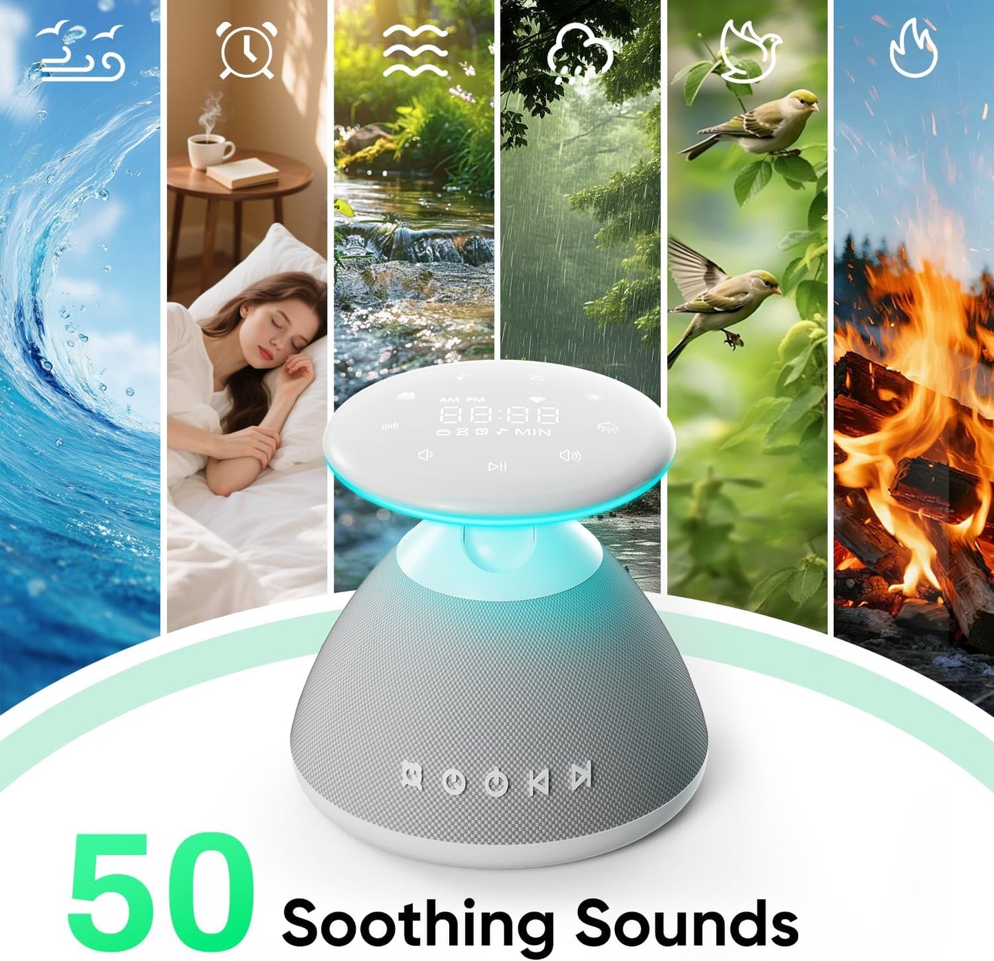 White Noise Sound Machine for Sleeping, 50 Non-Looping Soothing Sounds, 7 Color Night Light with Adjustable Brightness, Timer & Alarm Clock, Touch Screen Control for Baby, Kids, Adults, Home&Travel
