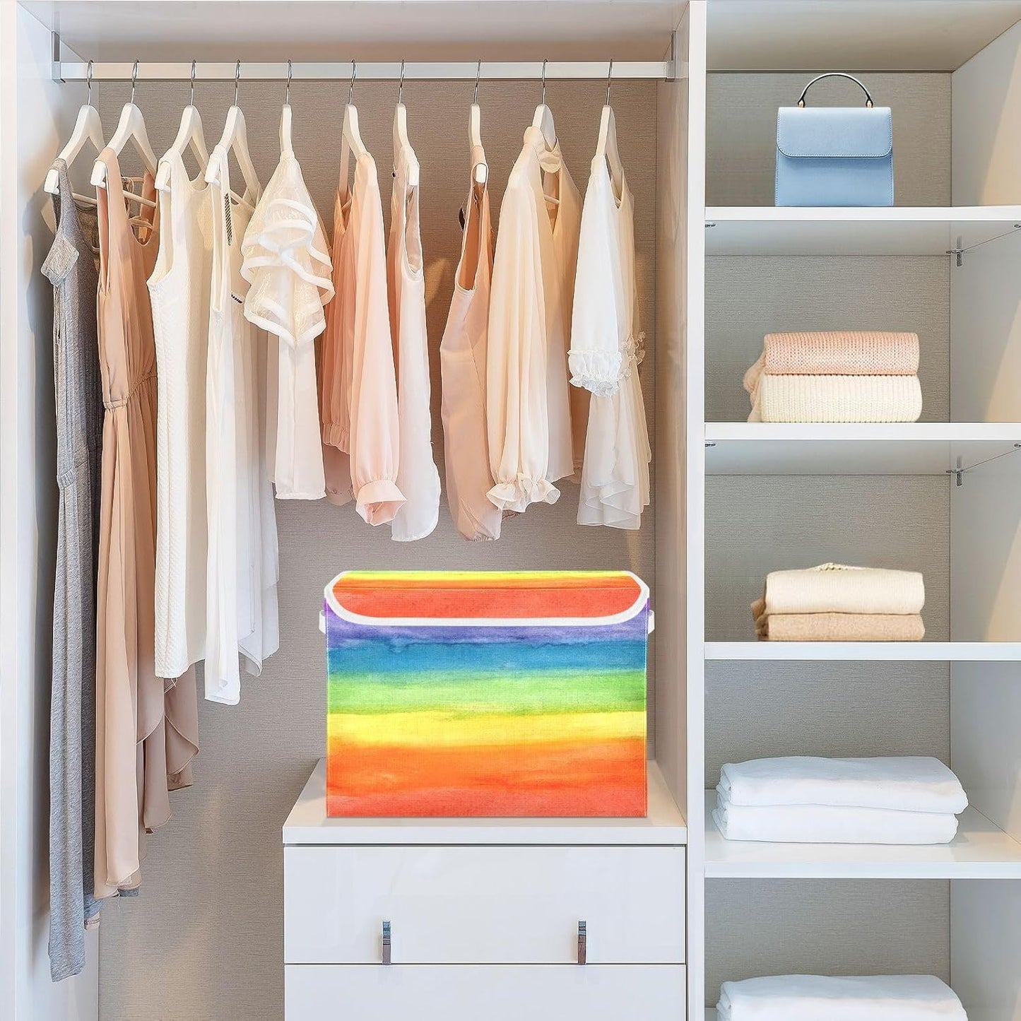 Large Collapsible Storage Bins with Lids, Colorful Stripe Rainbow Storage Baskets Organizer Containers with Handles for Clothes