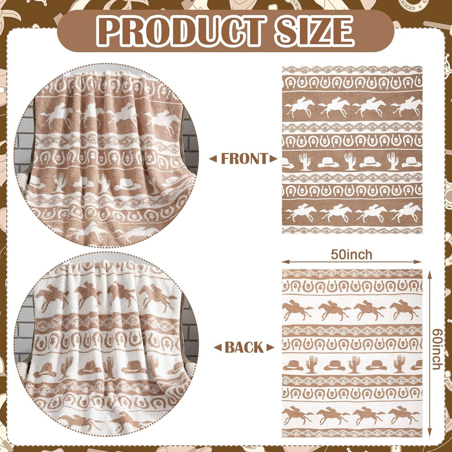 Buryeah 50×60 Inch Western Rodeo Reversible Knitted Throw Blanket, Southwestern Cowboy Knit Throw Blanket, Horse Horseshoe Pattern Rustic Ranch Decor Gift for Couch Sofa Bed