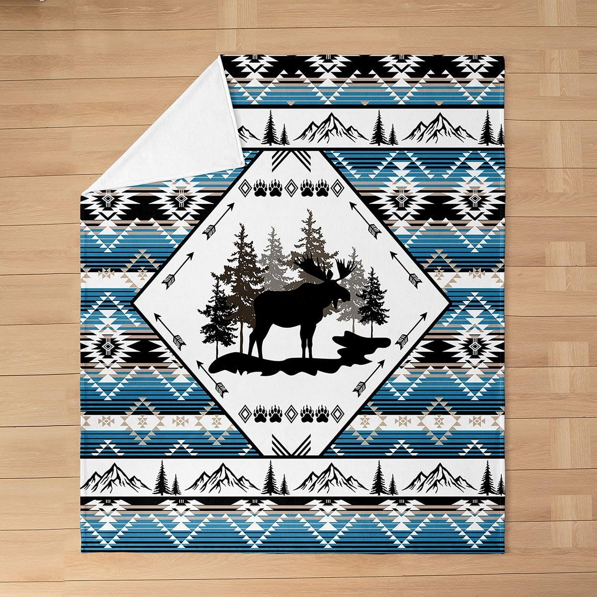 Feelyou Moose Flannel Fleece Throw Blanket Western Queen 90"x90" Southwestern Aztec Fleece Throw Blanket for Kids Women Men Wild Animals for Bed Couch Chair Living Room Blue Black Bedroom Decor