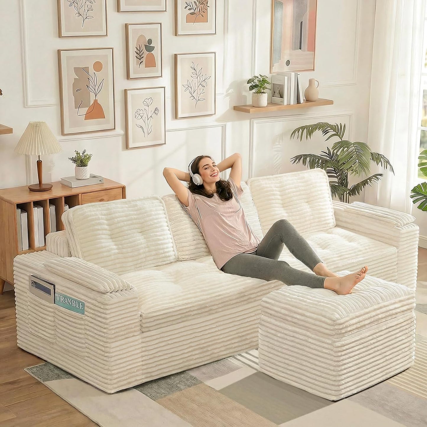23.6in Pouf Ottoman, Corduroy Ottoman Foot Rest with Dual‑Layer Support, Large Poofy Pouf with Soft Chunk‑Foam Top & Firm Foam Base, Floor Foot Stool for Living Room, Beige