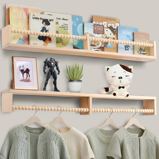 Nursery Book Shelves - Wall Mounted Set of 2, 32 inches Wooden Floating Bookshelves for Kids' Room and Study Room