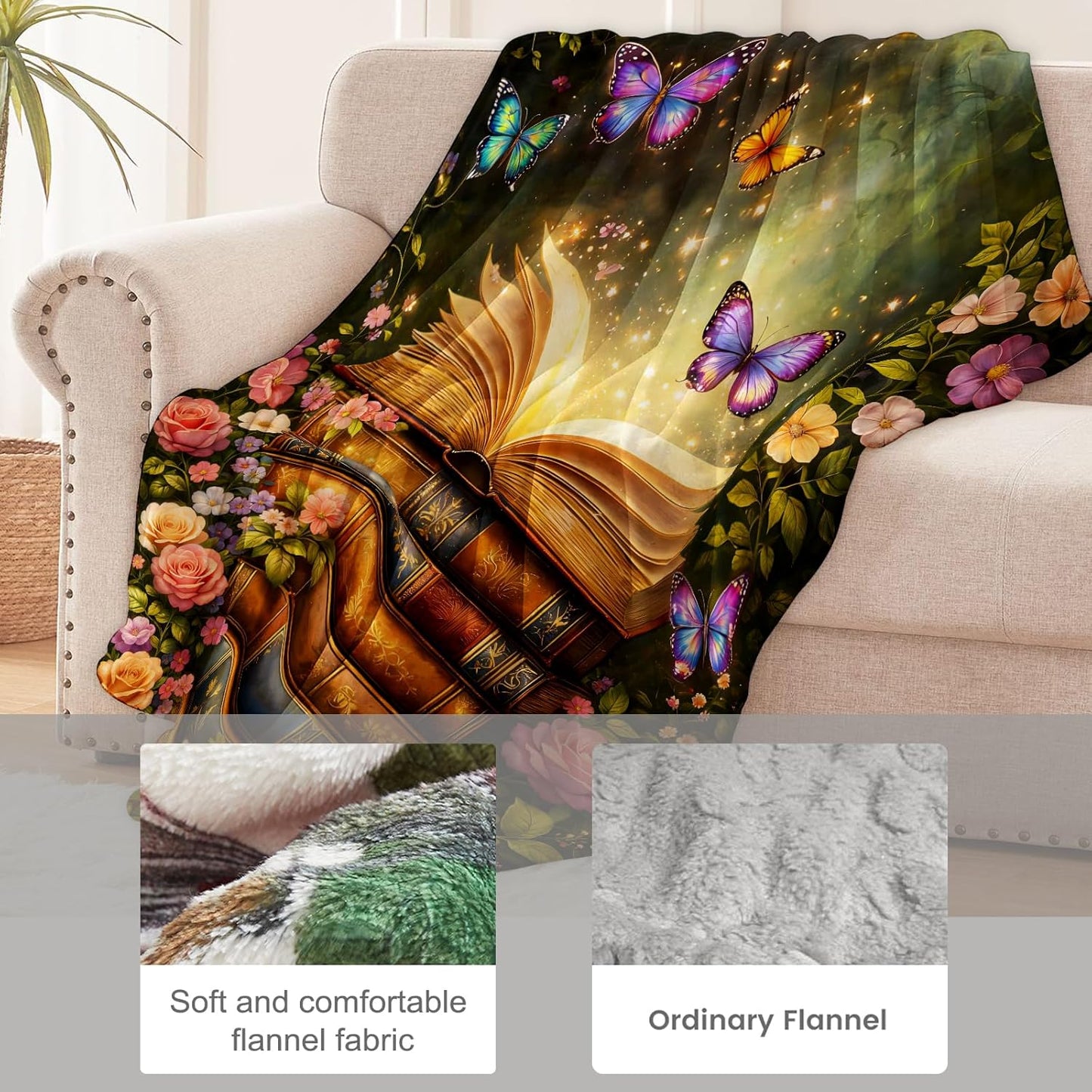 Fantasy Book Garden Throw Blanket for Book and Nature Lovers, Magical Floral Butterfly Art Flannel Throws Blankets, Dreamy Gifts, Soft Warm Cozy for Sofa Couch Bed Home Decor 60" x 50"