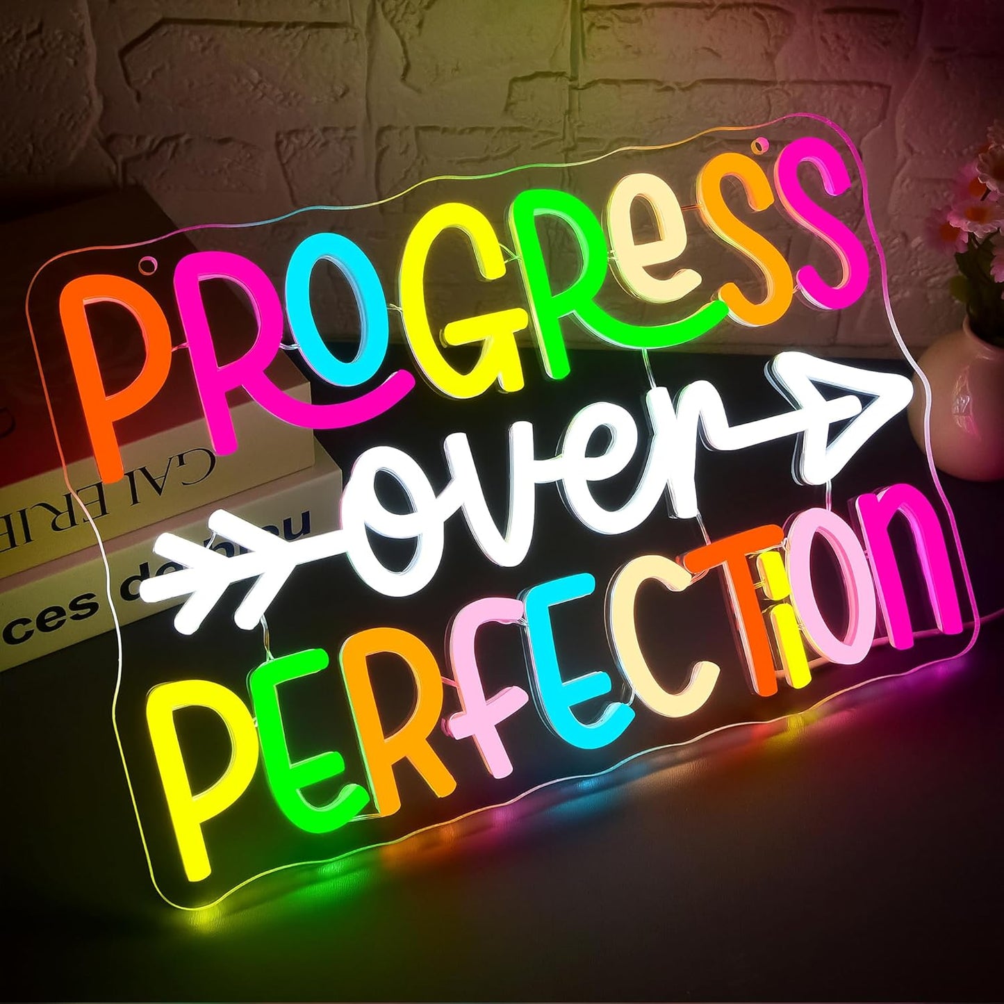 Progress Over Perfection Neon Sign for Wall Decor Dimmable Inspirational LED Neon Light for Classroom Decor Affirmation Positive Wall Art for Mental Health Gym Office Study Size 13.9 * 9.4in(GLNP242)