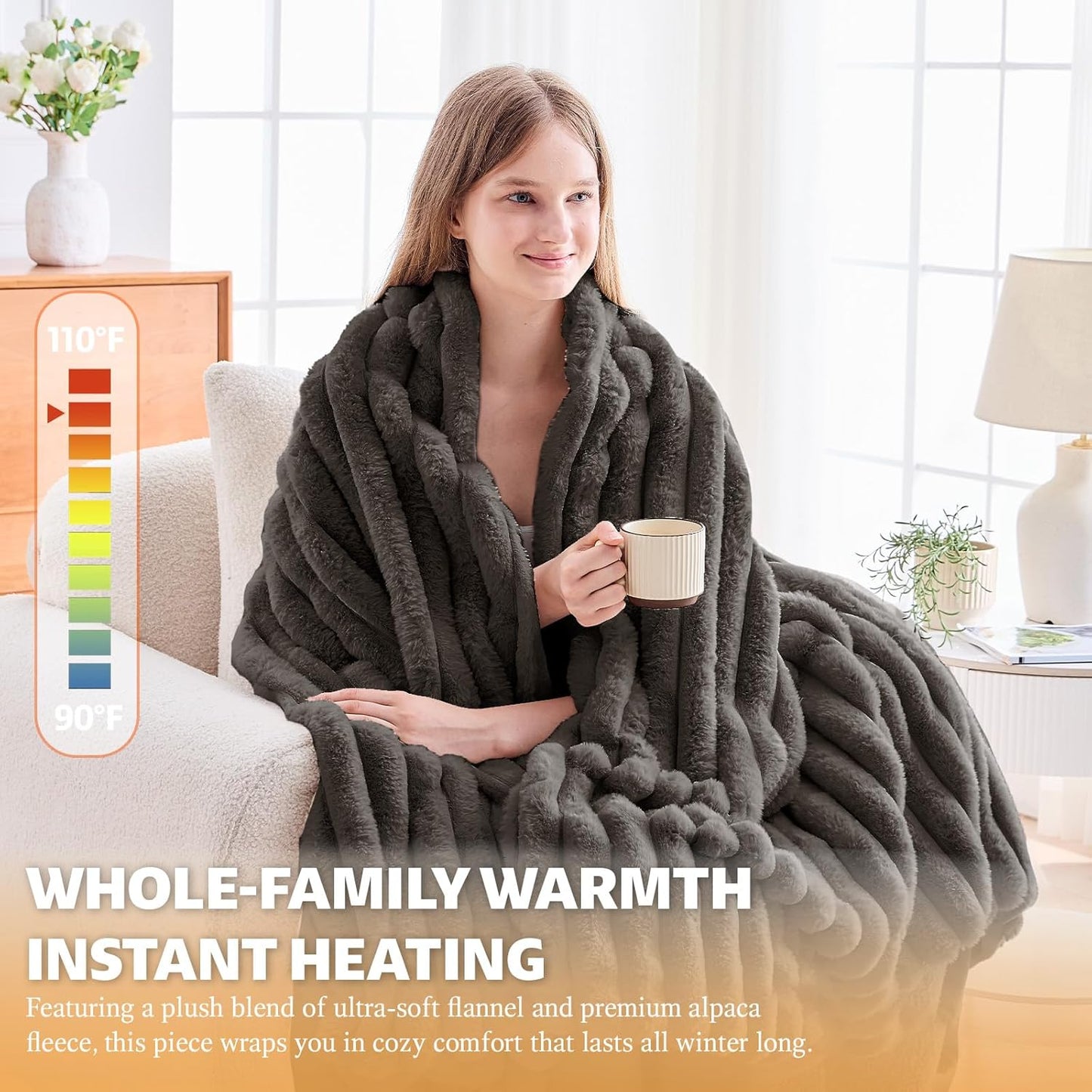 Heated Blanket Electric Thick Striped Flannel Heating Blanket Throw Blanket 50"x60",10 Heat Settings, 1-12 Hour Auto Off, Fast Heating Heating Blanket with Overheat Protection.
