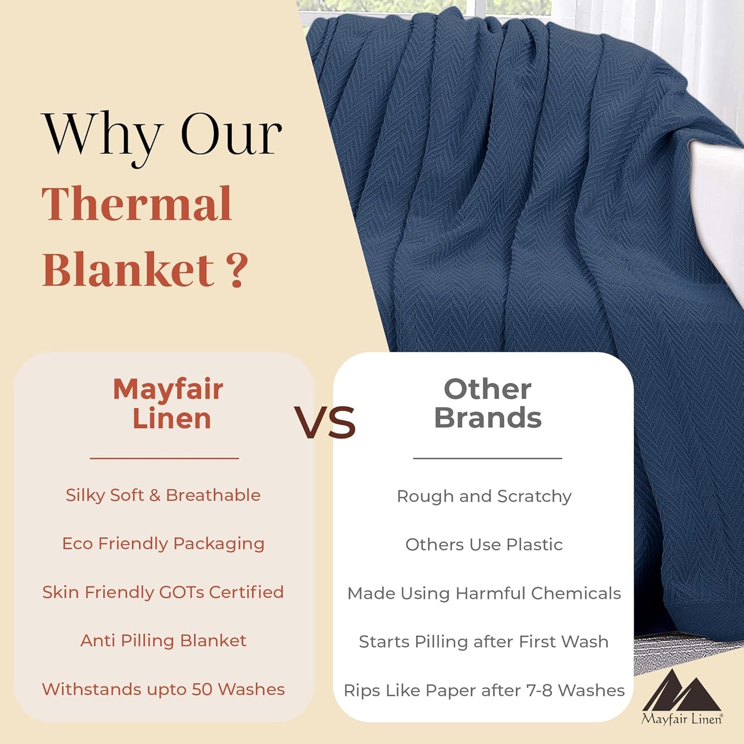 Mayfair Linen 100% Pure Cotton, Luxury King/Cal King Size Medium Blue Blanket - Herringbone Pattern, Soft &Cozy Premium Fall Throw Blanket for All Seasons, 350GSM &106x92 with Free Tote Bag