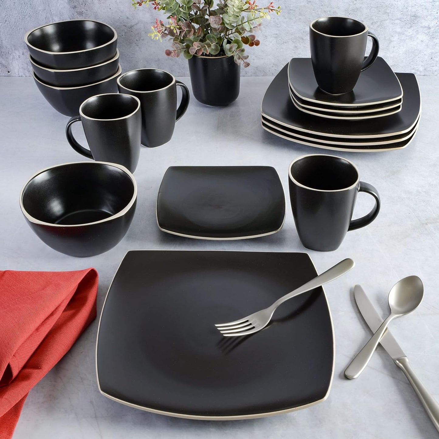 Gibson Home Soho Lounge Dinnerware Set, Service for 4 (16pcs), Matte Black
